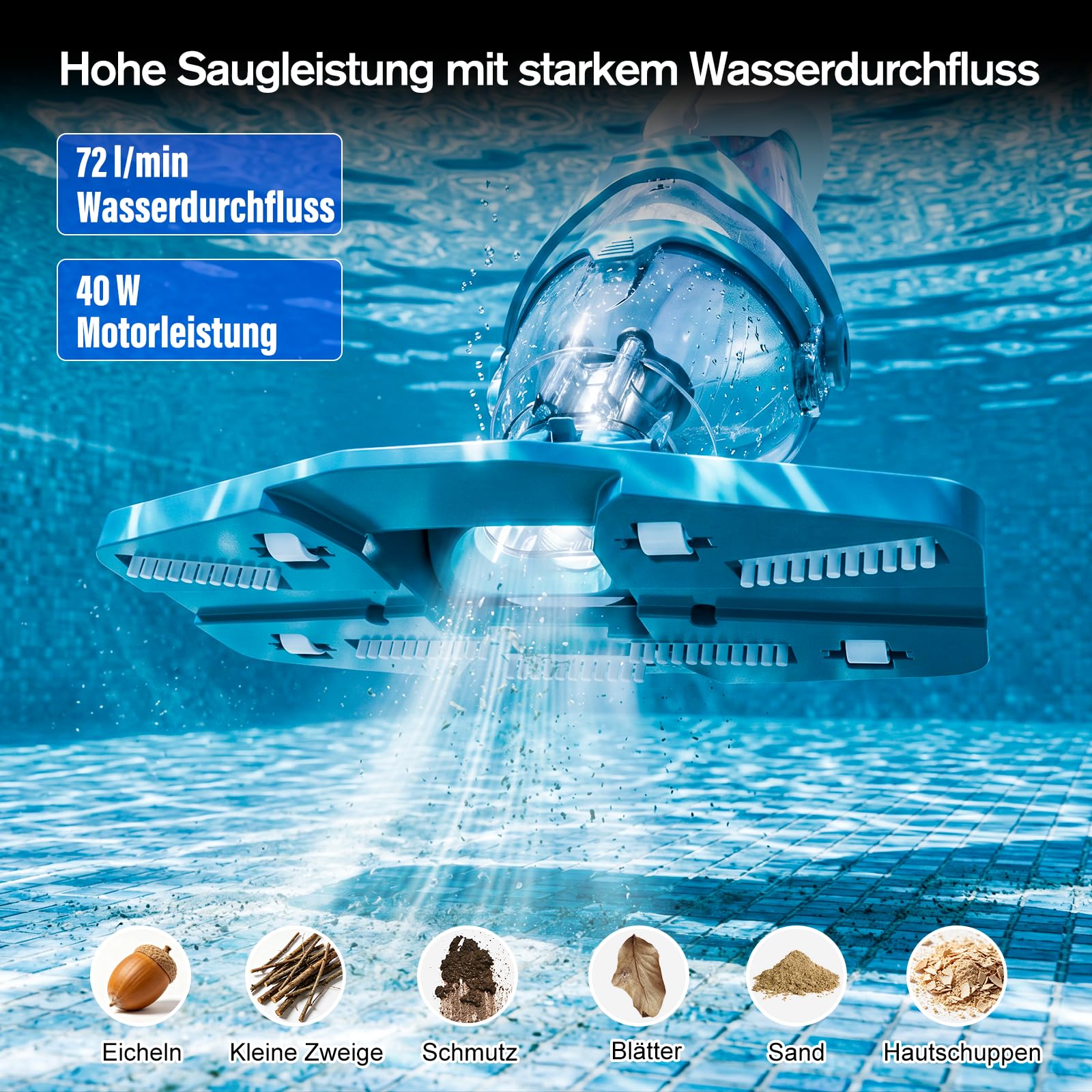 STARRYBOT Poolsauger Akku mit Teleskopstange, kabelloser Hand-Poolsauger mit 2 Reinigungsmodi, 72 l/min, 3 Filterbeutel, 60 Min Laufzeit, für Aufstellpool, Whirlpool & Spa, Blau