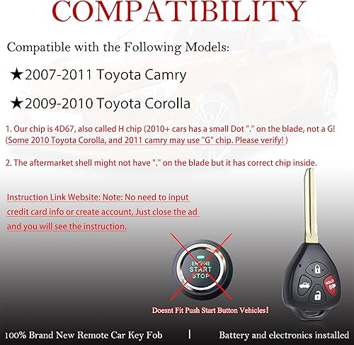 Miniatura 2 de MechanMagic Llavero de repuesto para Toyota Camry 2007 2008 2009 2010 2011Corolla 2009-2010 HYQ12BBY Control remoto de entrada sin llave 89070-06232