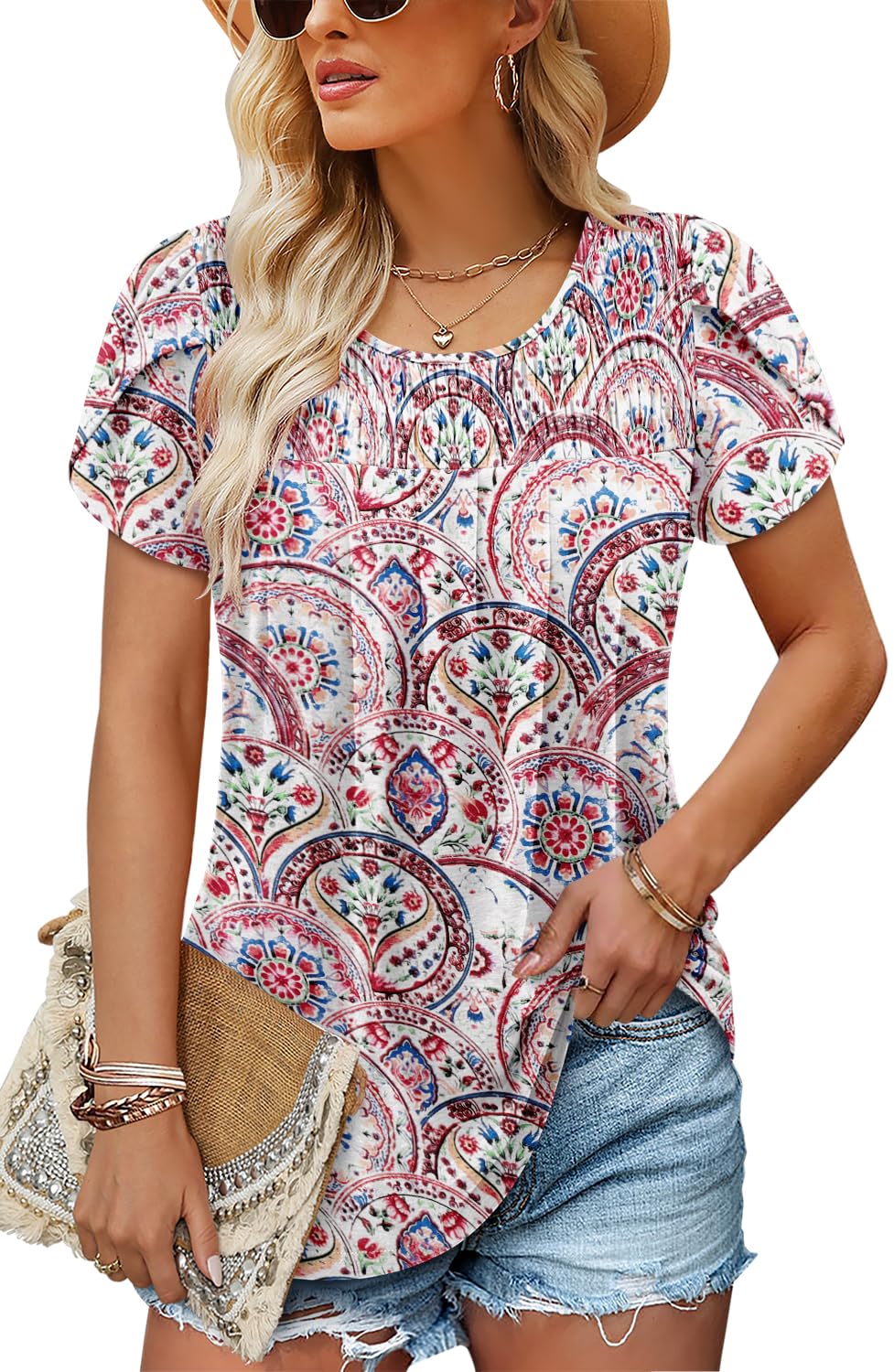 BETTE BOUTIK Womens Summer Tops Pleated Short Sleeve Tunic Tops Short Sleeve Blouses Shirts S-3XL