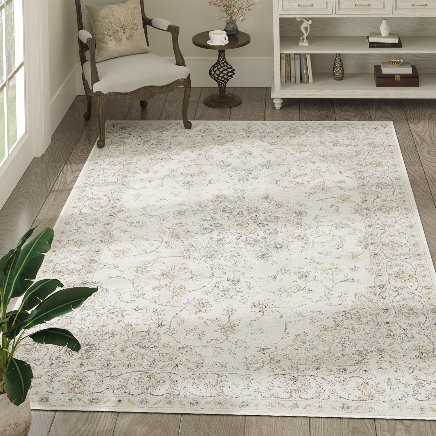 jinchan Area Rug 6x9 Rug Living Room Vintage Rug Floral Medallion Bedroom Rug Washable Non Slip Accent Rug Thin Rug Retro Floral Print Indoor Mat for Kitchen Grey