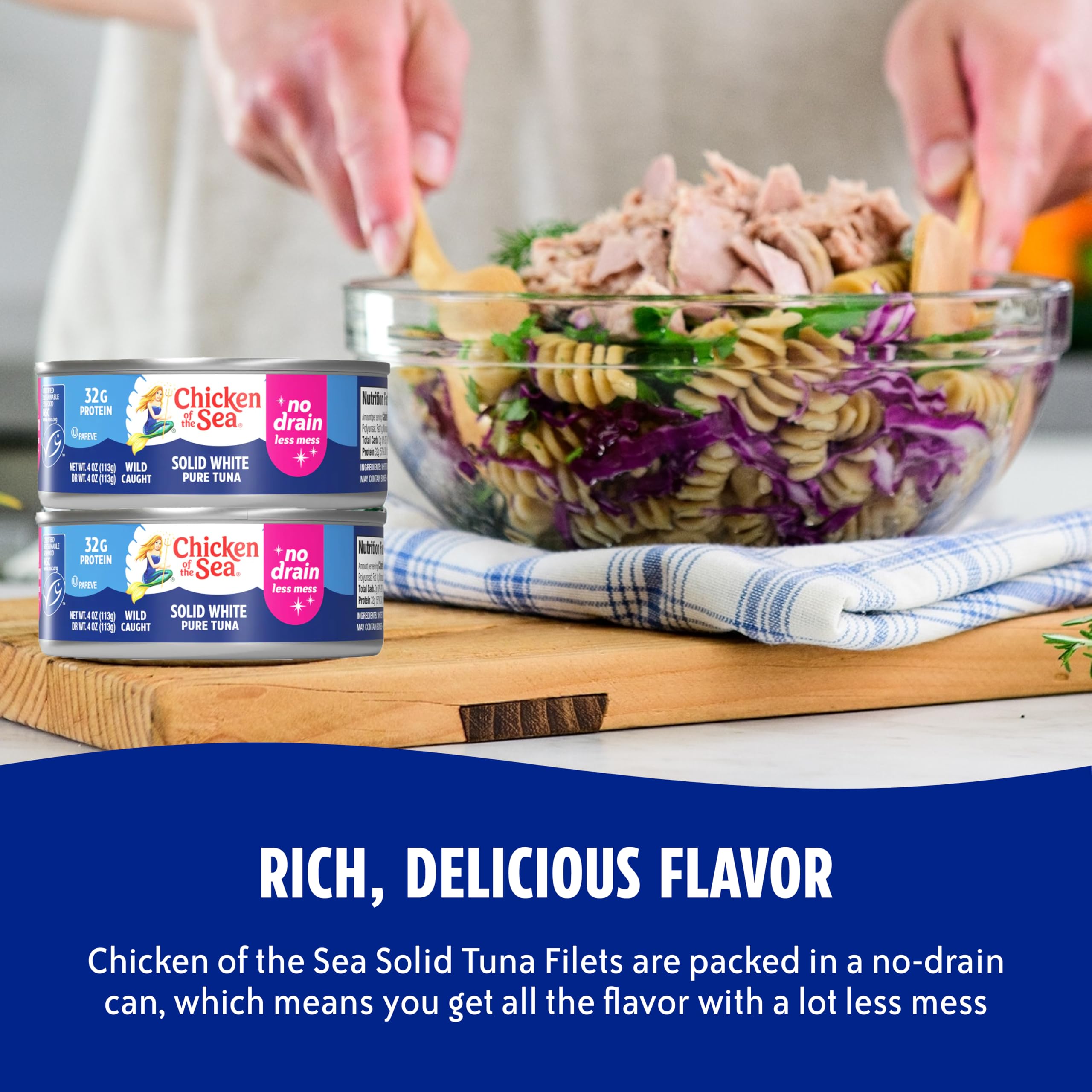 Chicken of the Sea Wild Caught Solid White Pure Albacore, No Drain, 4 oz Cans, 4-Count – High Protein 100% Classic Tuna in No Drain Can for Less Mess – Delicious, Easy, Nutritious Ready to Eat Meals