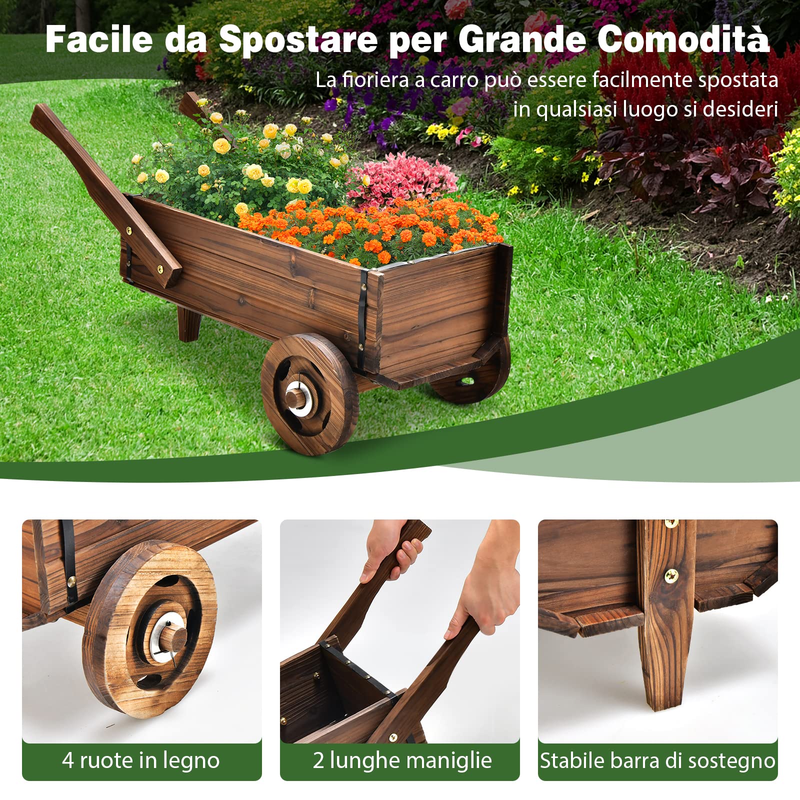 COSTWAY Fioriera da Esterno in Legno a Forma di Carrello, Carriola Portafiori con Ruote, Maniglie, Foro di Drenaggio, Carrello Decorativo da Interno ed Esterno, per Giardino, Patio e Balcone