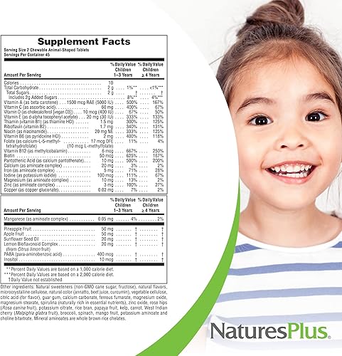 Miniatura 10 de Natures Plus Animal Parade - Multivitamínico masticable para niños, sabor a uva, 90 tabletas en forma de animal, promueve la salud y el bienestar,