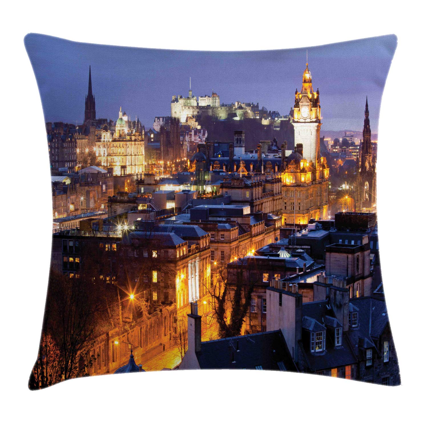 ABAKUHAUS Scotland Throw Pillow Cushion Cover, Edinburgh Skylines Building and Castle at Dusk Cityscape National Landmark, Decorative Square Accent Pillow Case, 18 X 18 Inches, Multicolor