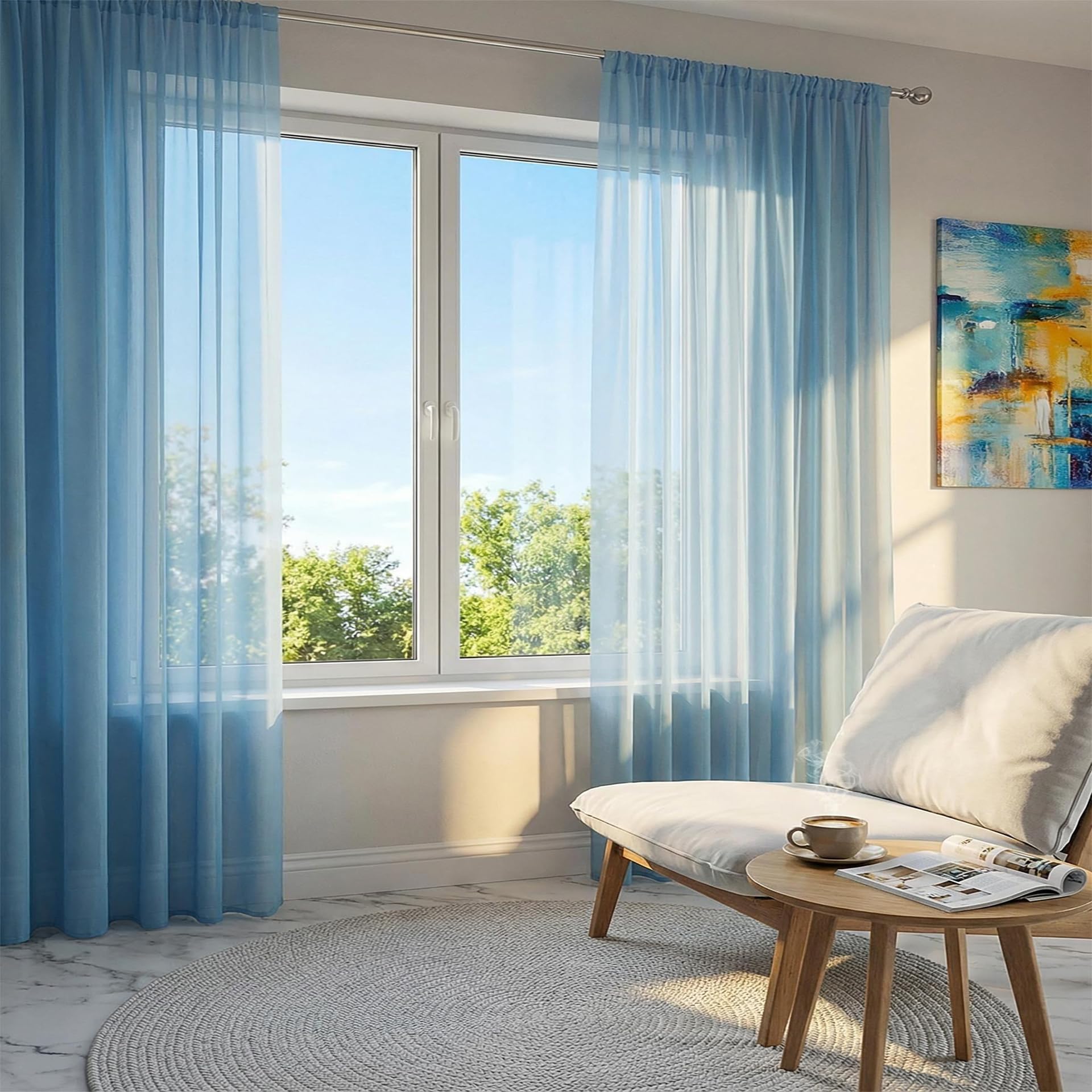 AMZYU Set of 2 Voile Curtain 210 x 130 cm Light Filtering Rod Pocket Sheer Curtain Airy & Lightweight Elegant, Machine Washable for Bedroom and Kitchen, Sky Blue