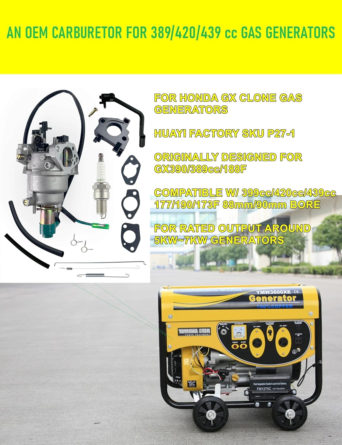 YAMAKATO Ruixing Gasoline Generator Carburetor Kit OEM for Champion Predator Generac 6500 8750 9000 5500 7000 8000 7500 9000 9500 Generator Powered by 420cc 439cc 459cc GX390 GX340 Engines.