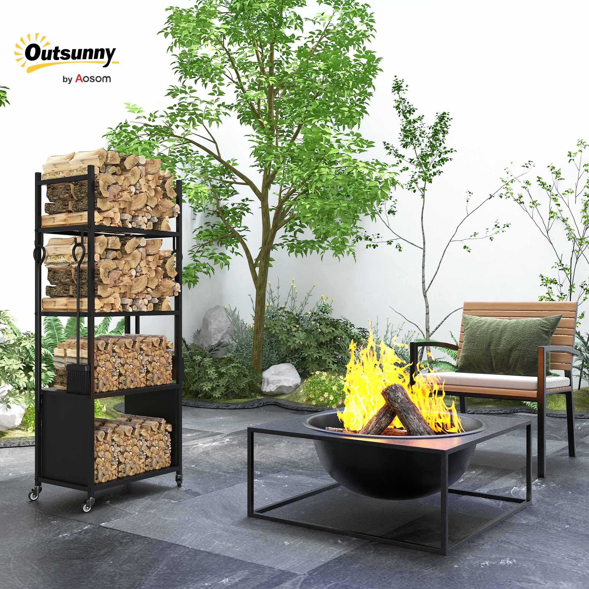 Outsunny Leñero con Ruedas Soporte para Leña de 4 Niveles Estante de Leña con Pala Atizador Cepillo Tenazas para Interior y Exterior 45x30x118 cm Negro