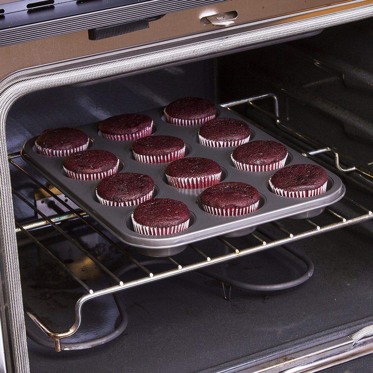 12 kubków patelnia do muffinek i babeczek, nieprzywierająca forma do ciastek czekoladowych, stal węglowa do pieczenia piekarnika szary