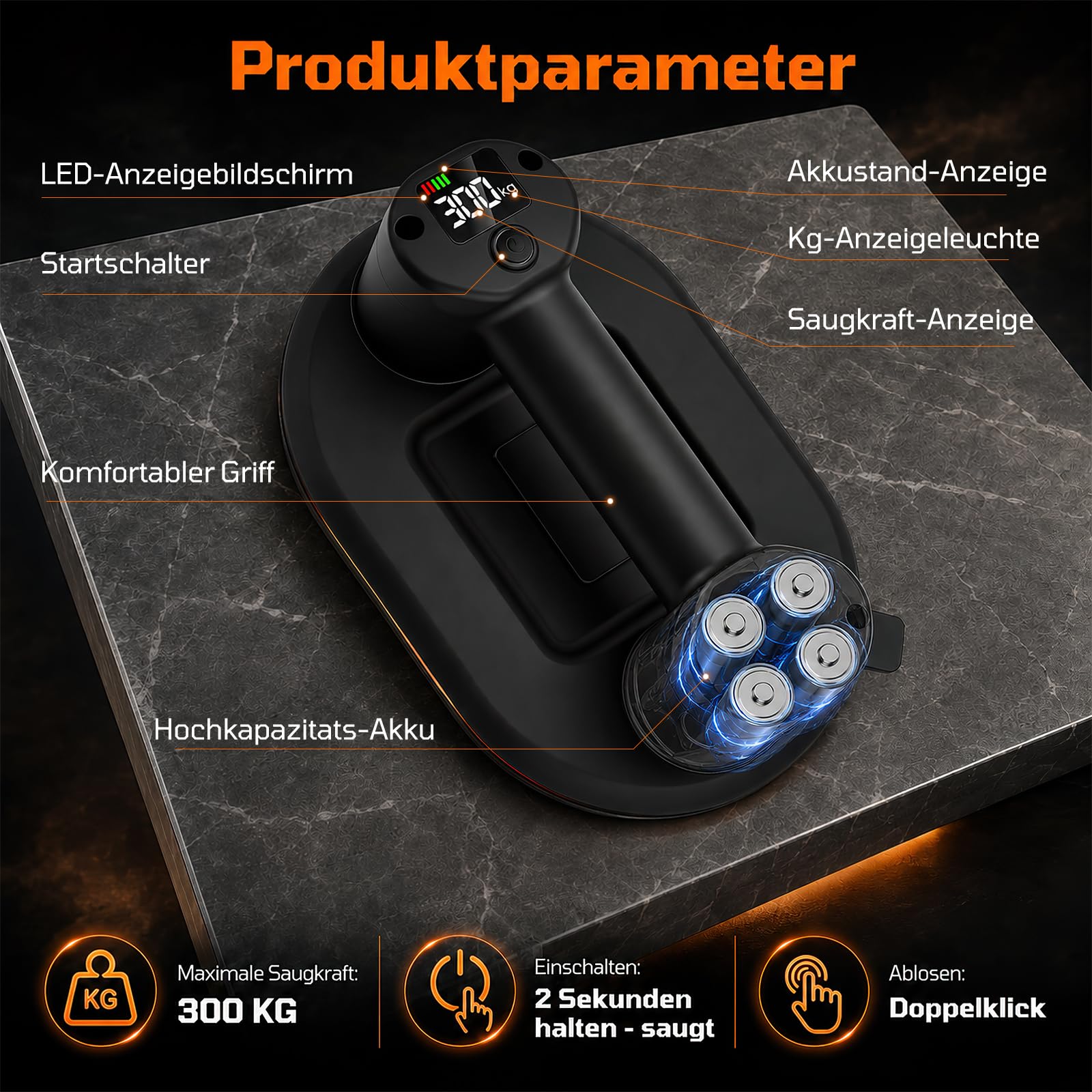 Set di 2 ventose a batteria, 300 kg, per piastrelle, vetro, LCD