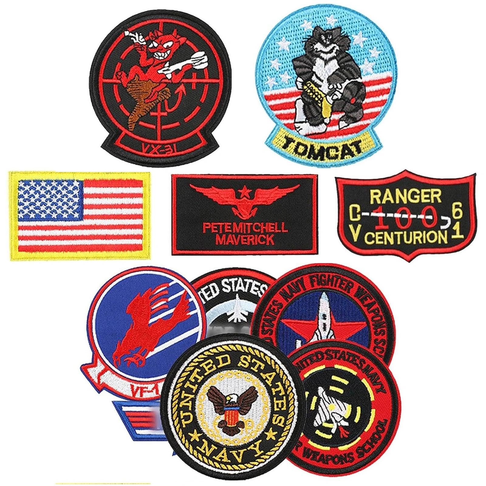 11 Iron-On Patches USA Flag Maverick Embroidered Patches for Clothing, Jackets, Jeans | Army, Navy, Air Force | Iron-On Badges for Adults & Kids
