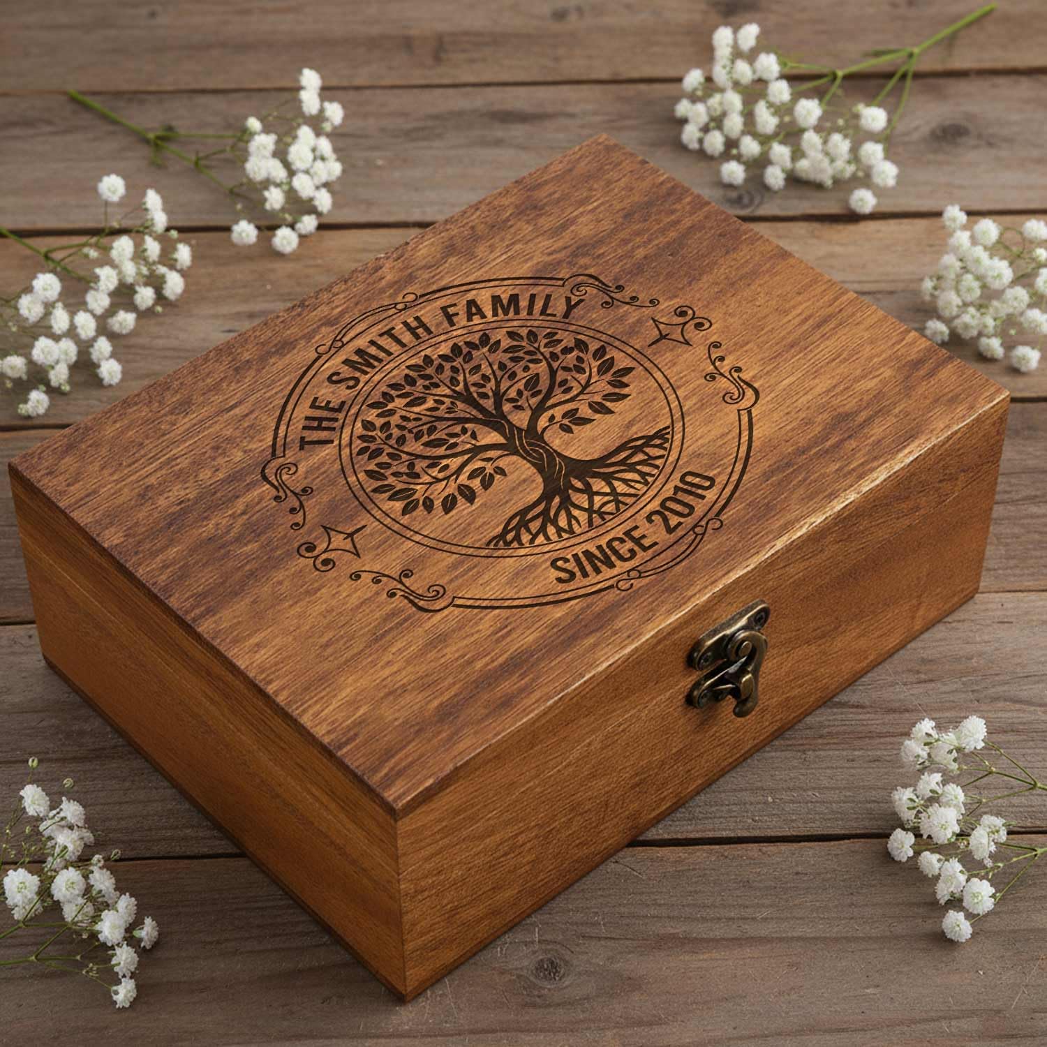 Customized Walnut 8"×6"×4" Tree of Life Memory Boxes, Personalized Engraved Keepsake Box Time Capsule, Rustic Storage Box-Family Heirloom Souvenirs Collections Jewelry