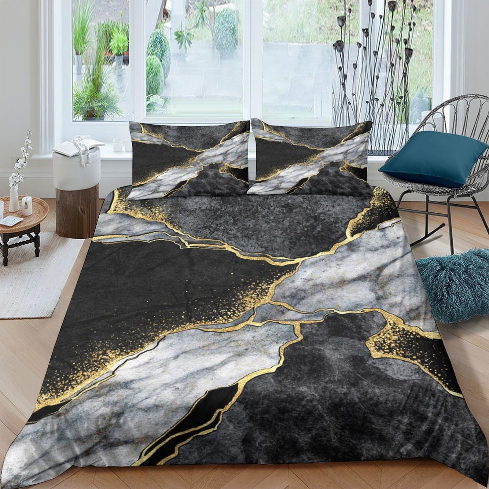 GPLZQXKJNH 3D Printed Black Marble Gold Vein Duvet Cover Microfiber Soft Breathable Abstract Bedding Set with 2 Pillowcases for Bedroom Decor Single（135x200cm）