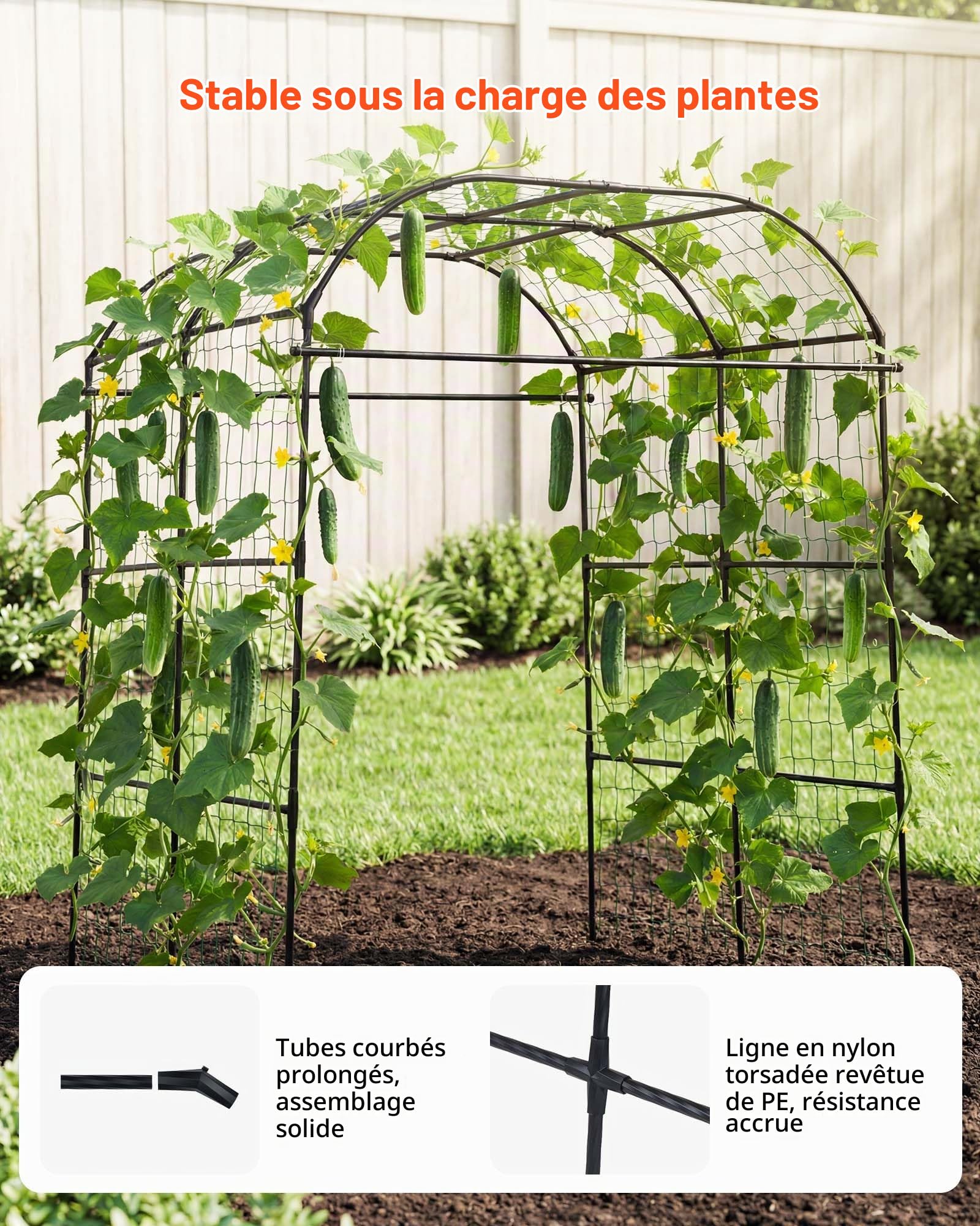 VEVOR Treillis à Concombres Forme Arche Treillis de Jardin Métal Support Plante Grimpante Extérieur pour Vignes, Pois, Haricots, Courgettes, Tomates, Fleurs, Revêtement Plastique PE, 181x165x210 cm
