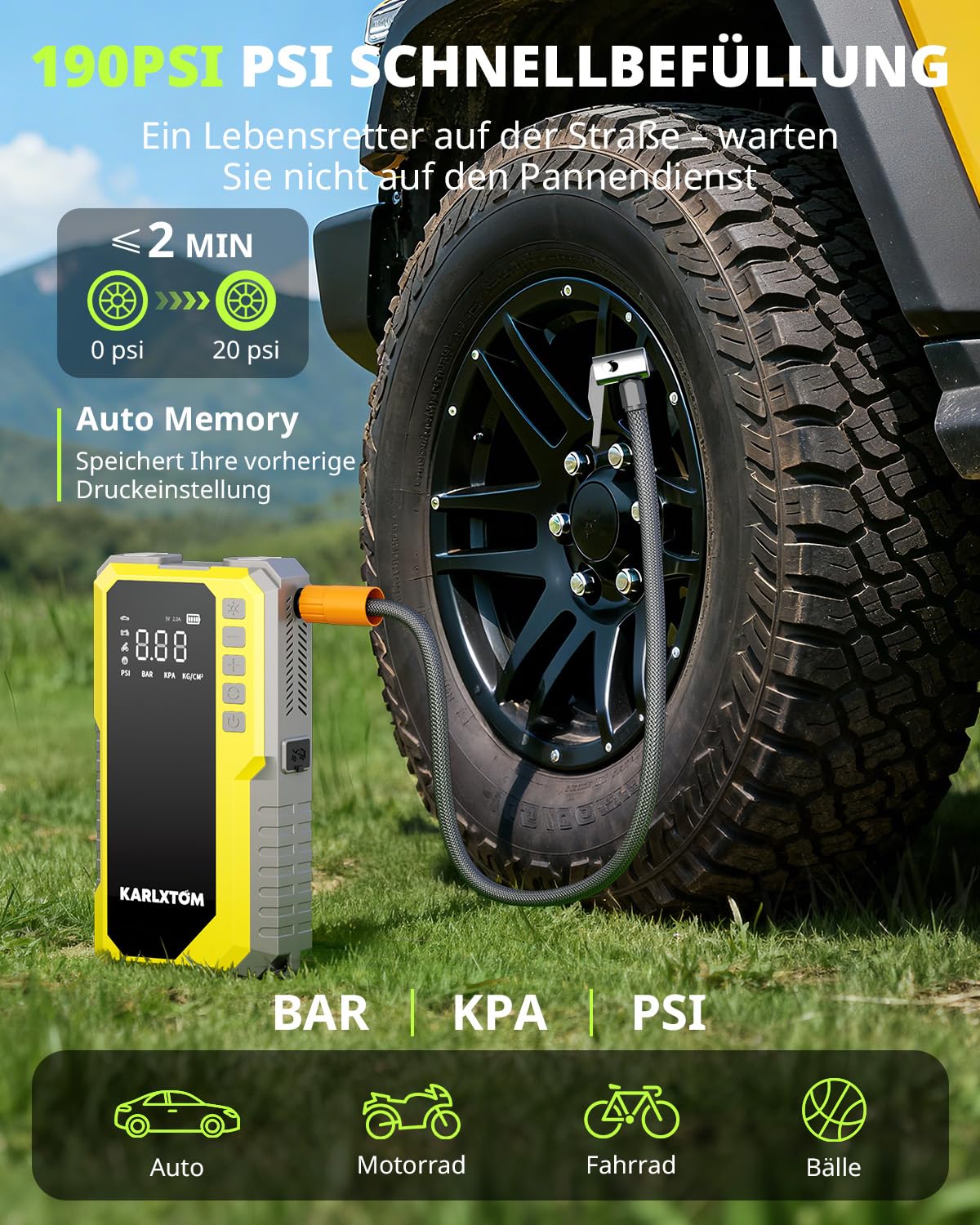 Karlxtom Starthilfe Powerbank für Pkw mit 190PSI Kompressor, 88Wh Auto Starthilfe Powerbank für All Benzin und 10L Dieselmotor, 4500A Starter Powerbank und 500LUM LED-Licht, LCD-Anzeige