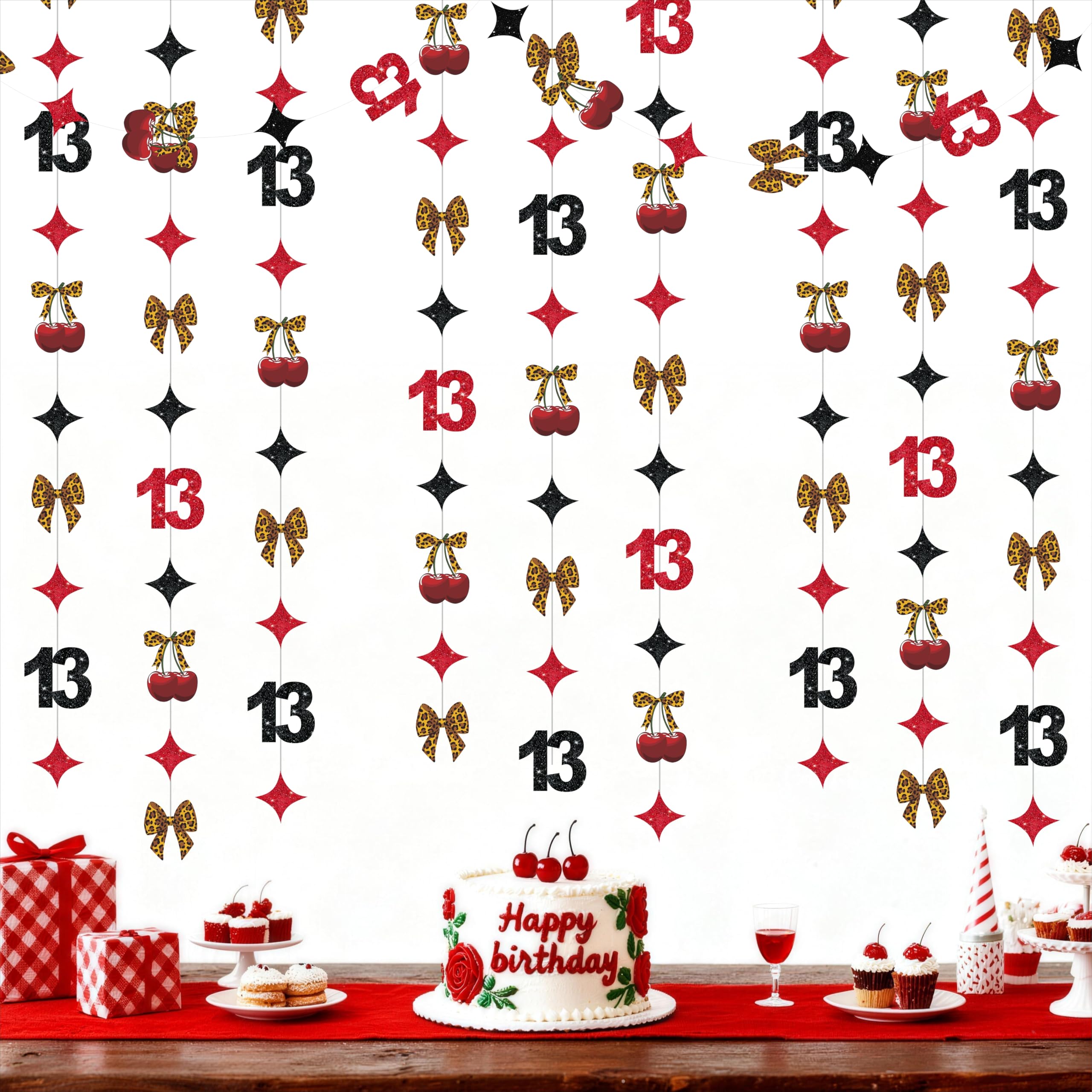 Glitter 13th Cheetah Print Birthday Decorations Red Black Cherry Leopard Garland Streamer Banner Backdrop for Girls Happy 13th Birthday Official Teenager Cheers to 13 Years Old Party Decor Supplies