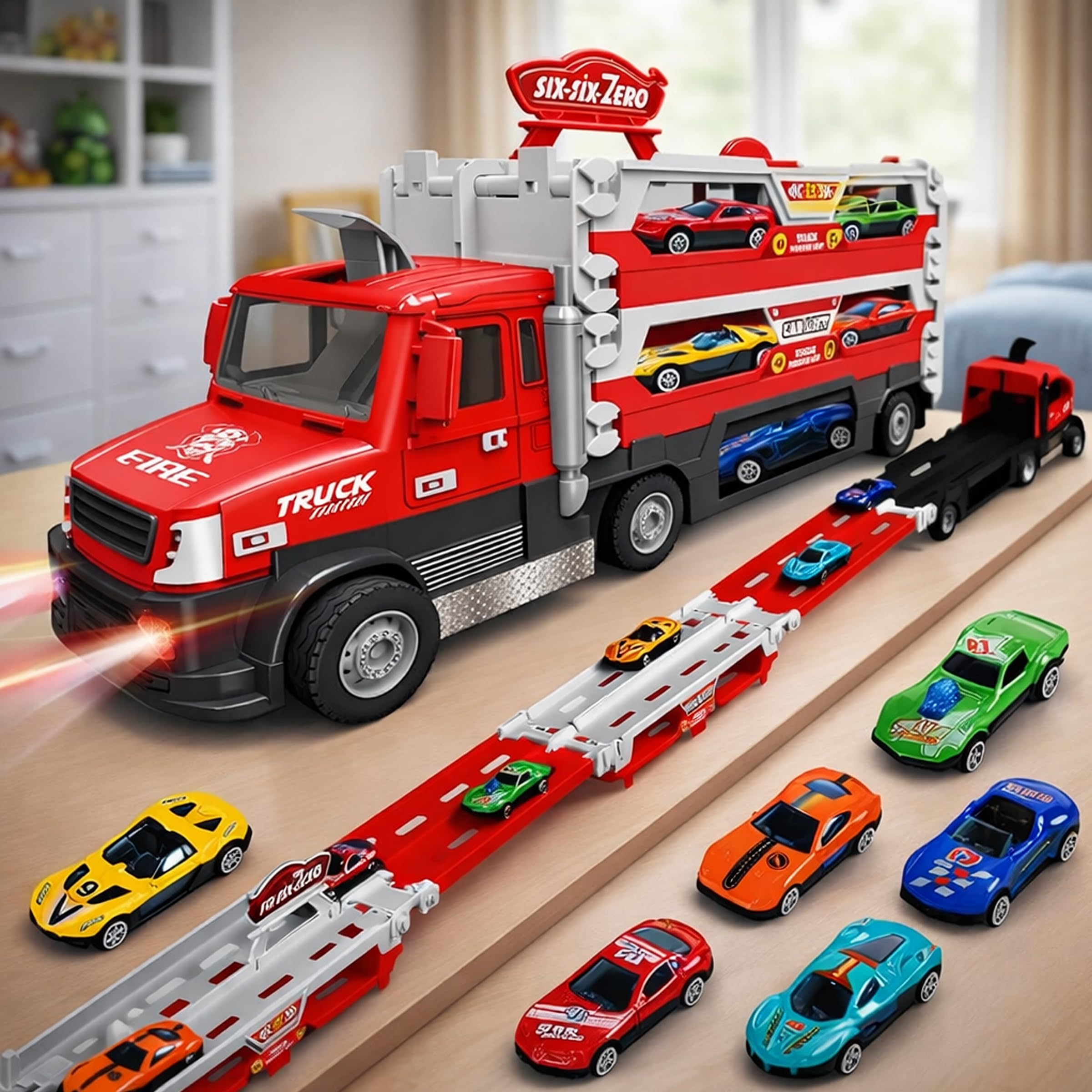 Toyshine Deform Big Hauler Fire Truck Toy with Storage | 55 Inch Race Track Ejection Set with 6 Cars, LED Light & Music (Red)-image-4