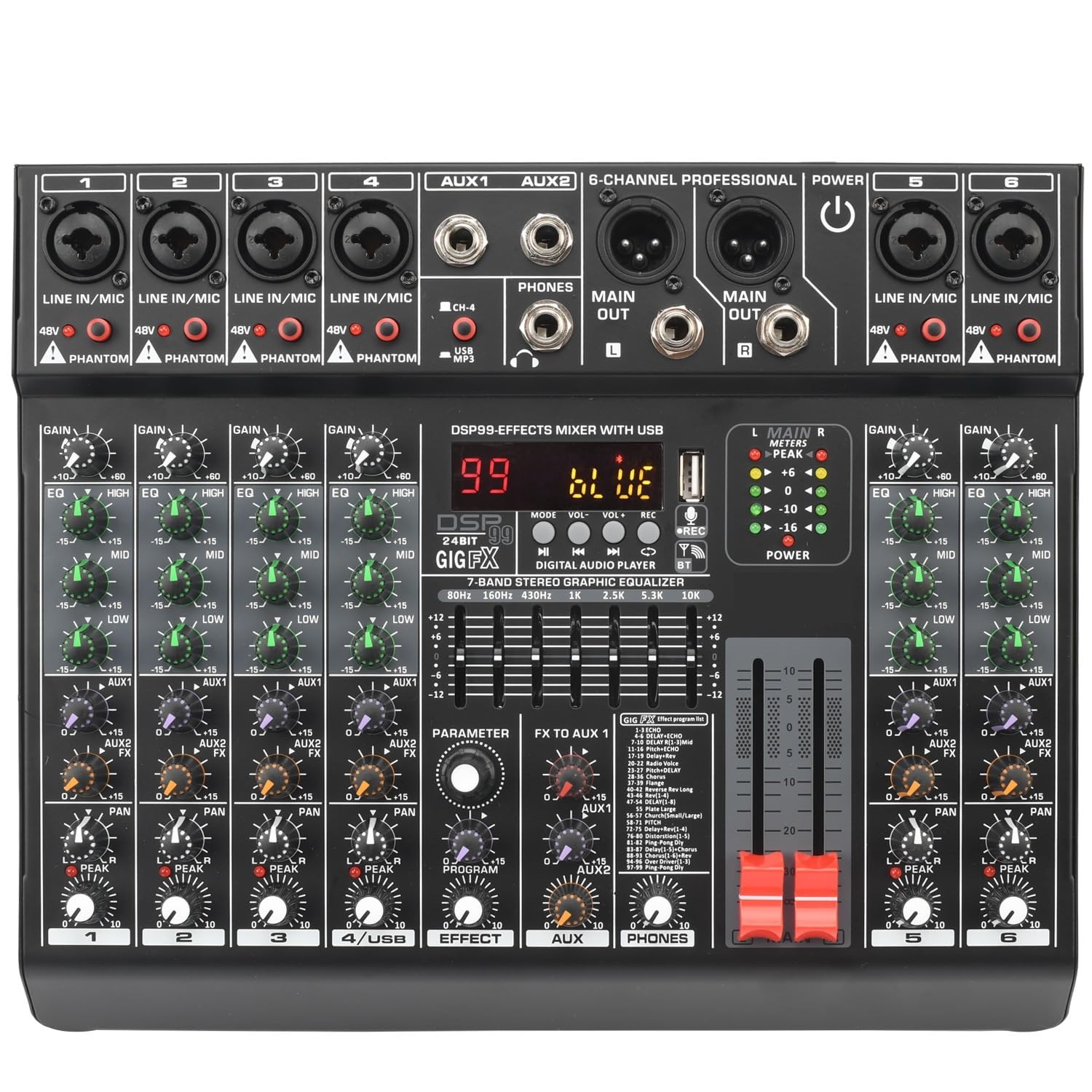 Kontroler DJ-ski, 6-kanałowy mikser DJ Indywidualna konsola miksująca 48 V, 2 wyjścia AUX, 7-pasmowy korektor EQ 99, efekt USB Bluetooth