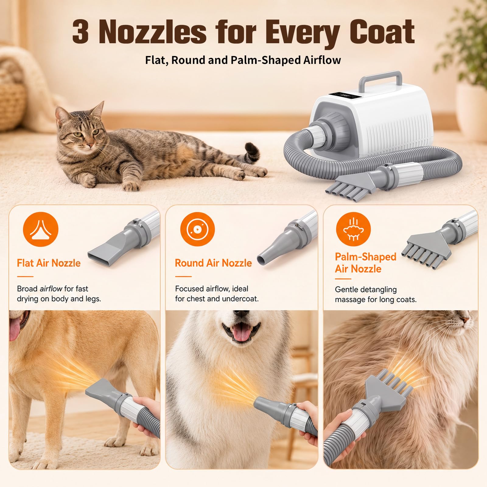 Sèche-cheveux pour chien avec écran tactile LED | Vitesse du vent et températures réglables, 3 buses différentes