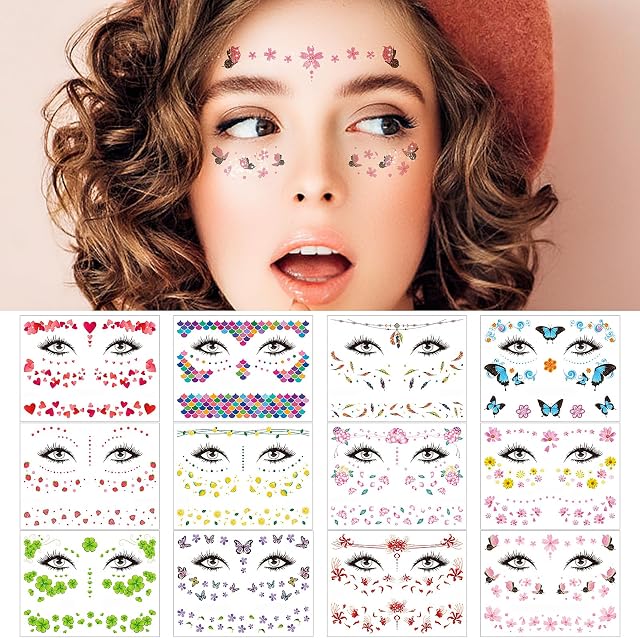 cobee Glitter Face Temporary Tattoos, 12 Sheets Butterfly Fake Tattoos Stickers Waterproof Makeup Tattoo Decals Flowers Face Arm Body Sticker for Women Halloween Party Favors
