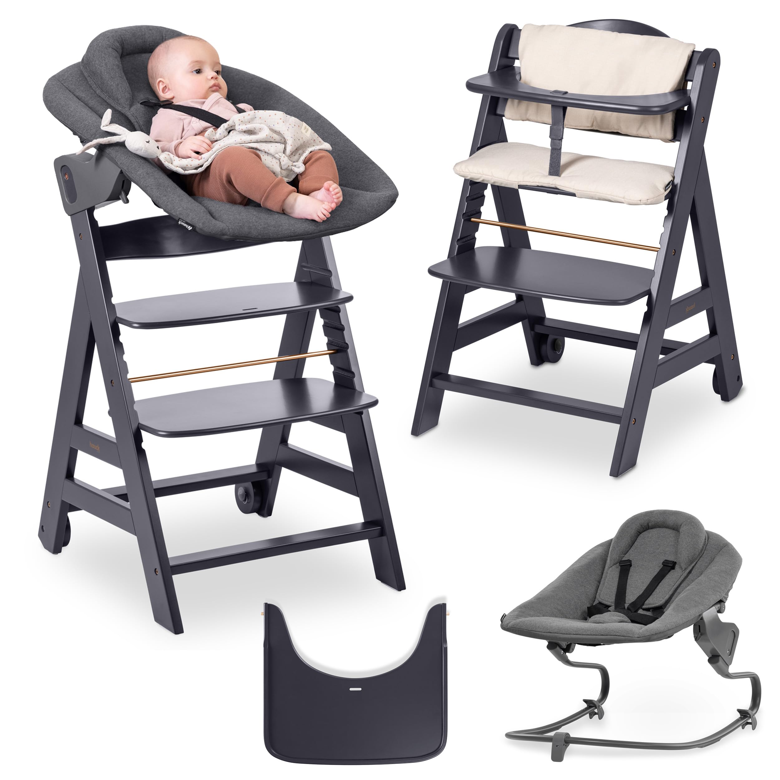 hauck Chaise Haute Bébé Beta+ avec Siège Nouveau-né Premium - Dark Grey | Chaise haute évolutive en bois, de la naissance à 90 kg, inclus assise bébé, roues, plateau repas, coussin