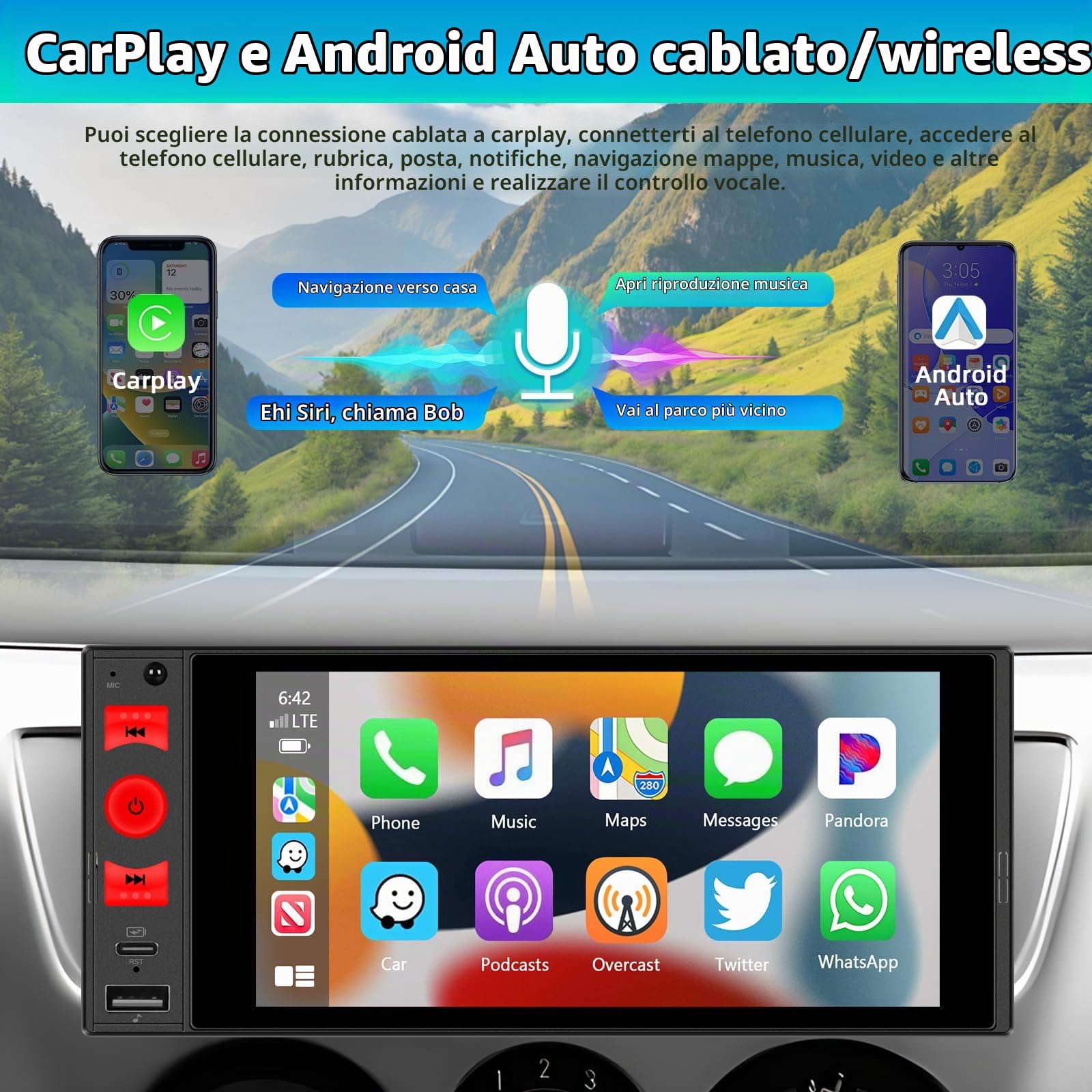 Stereo Auto Bluetooth con Schermo, Wireless Android Auto CarPlay Autoradio 1 Din con HD Touchscreen, Mirror Link, FM, USB/TF/AUX, SWC, Single Din Car Radio & Type-C
