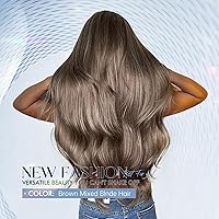 Vista 4 de Allbell - Pelucas marrones para mujeres negras, largas, onduladas, ombré, color rubio, con flequillo, pelucas sintéticas de cabello de reemplazo