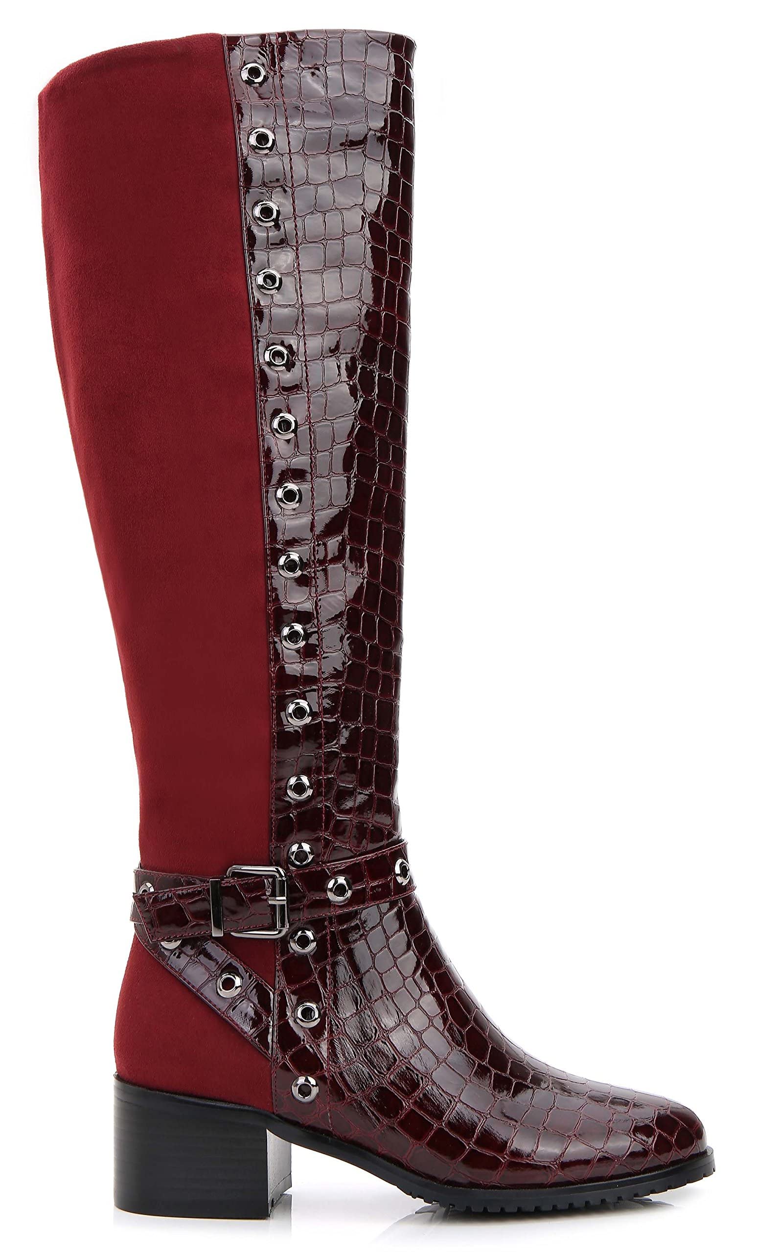 ANN CREEK Womens Rucio Knee-High Low Heel Crocodile Print Front 2-Tone Perforated Trim Boots
