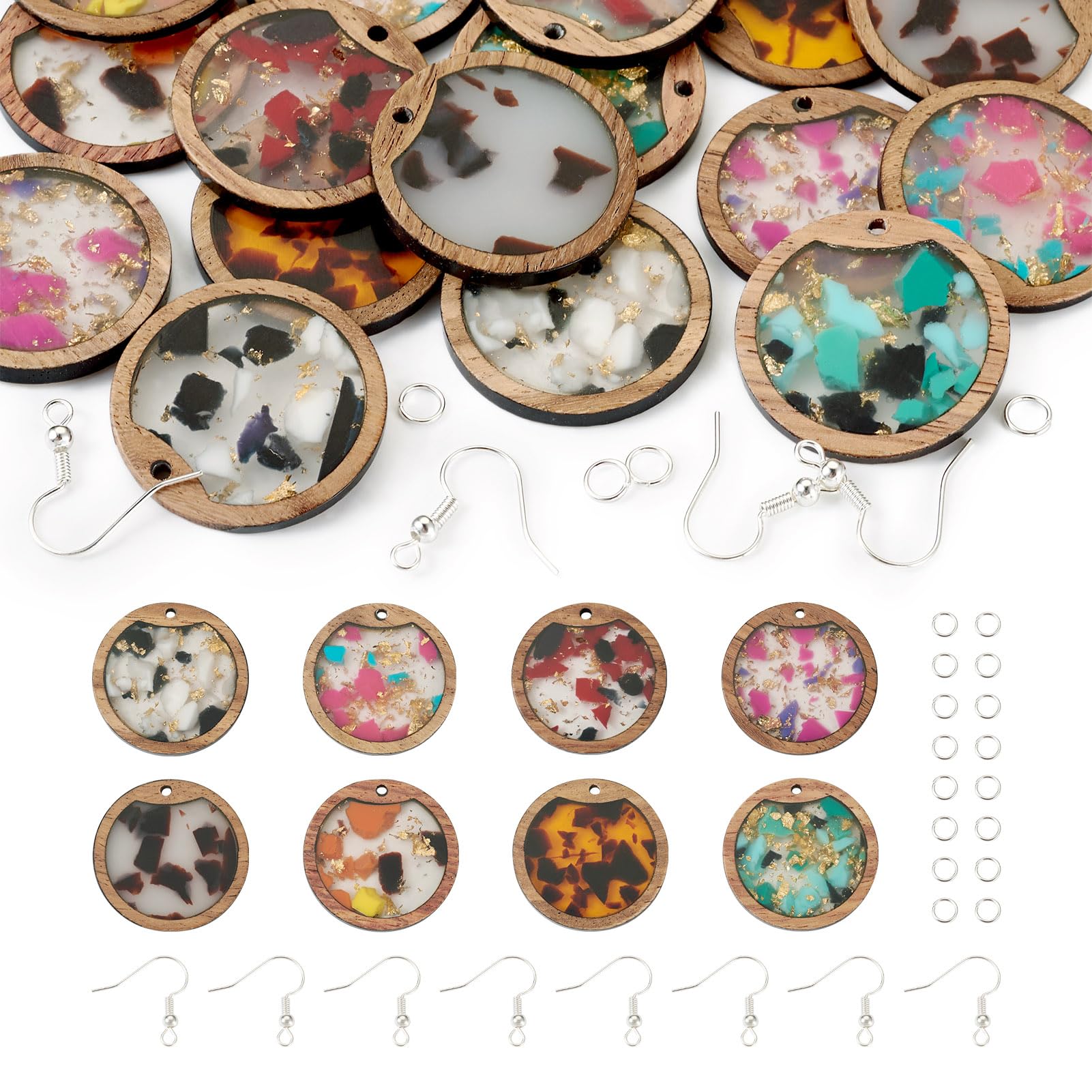 Beadthoven Round Dangle Resin Wood Charms with Gold Foil Colorful Stamp Wood Resin Pendants for Necklace Dangle Earring Jewelry Making