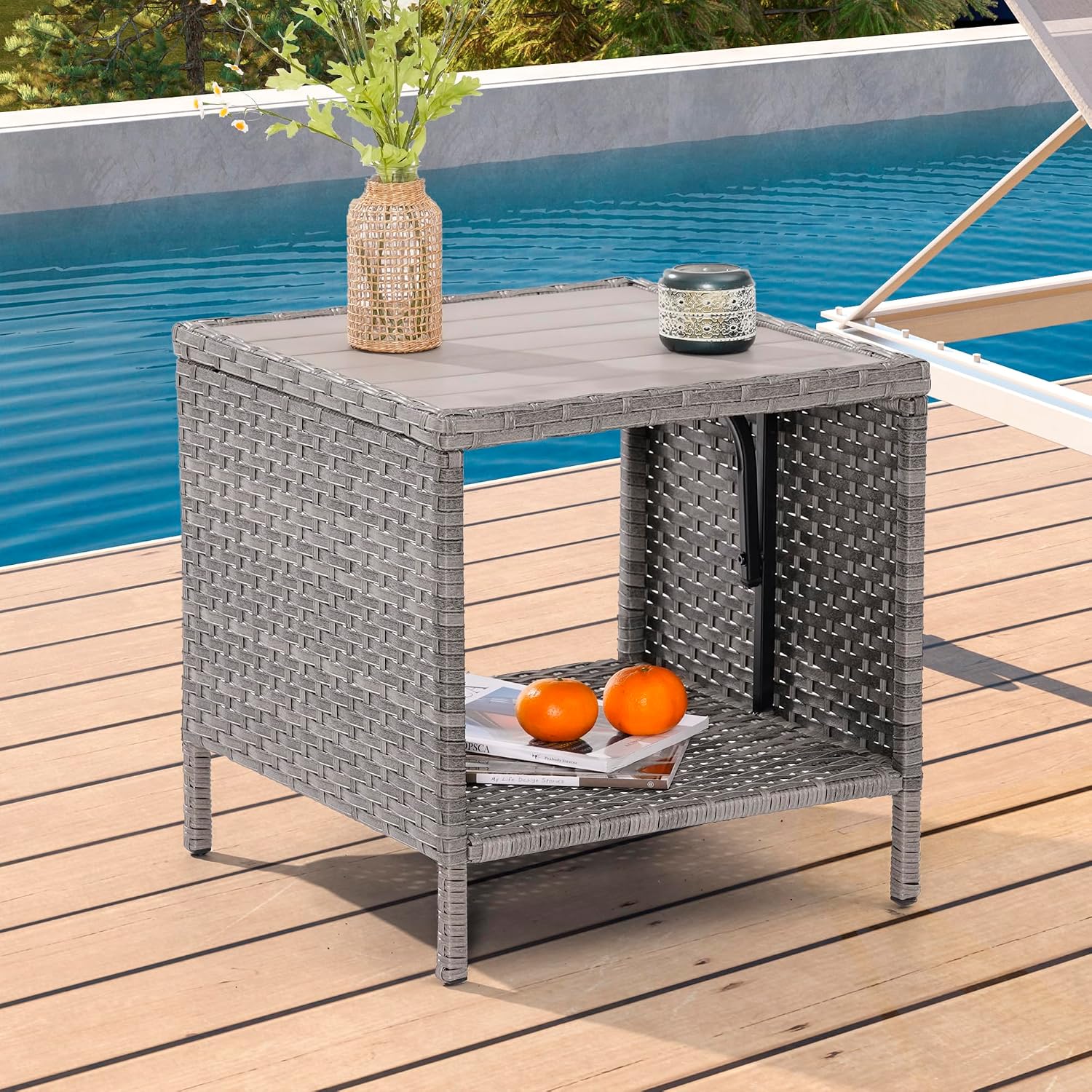 Patio PE Wicker and HIPS Tabletop Coffee Side Table for Outdoor