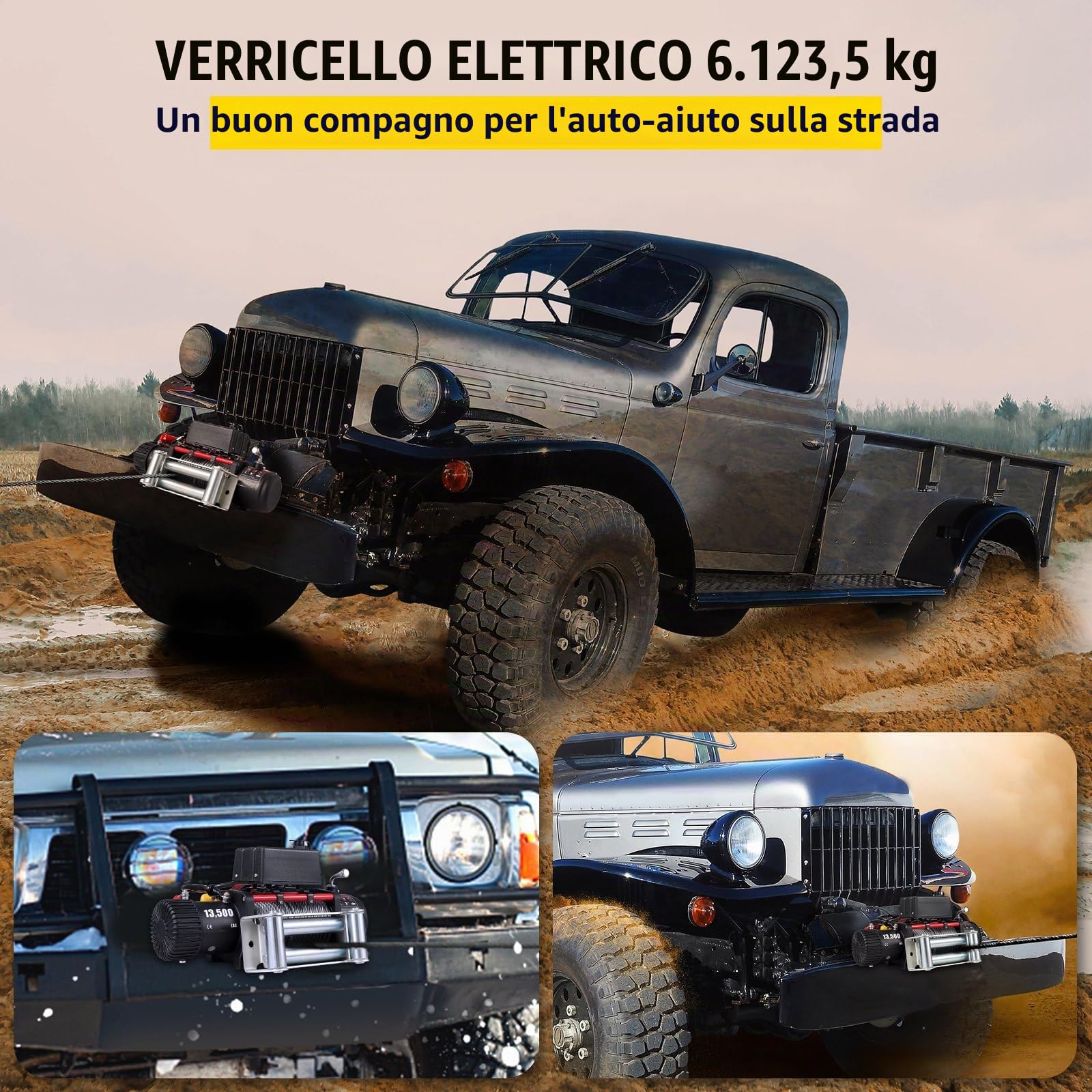 Verricello elettrico per auto 12V 13500 lb / 6123 kg, argano elettrico con fune in acciaio 9,5 mm x 24 m, sollevatore elettrico traino per ATV UTV fuoristrada