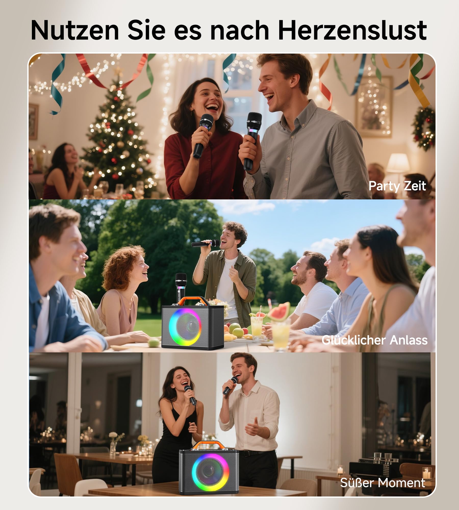 Karaoke Maschine mit 2 Kabellosen RGB-Mikrofonen – 5200 mAh Karaoke mit 10 RGB-Modi, unabhängiges Bedienfeld, 13-Stunden-Wiedergabe, Hi-Fi-Sound, Karaoke unterstützt AUX/USB/TF-Karte/USB/Coax (grau)