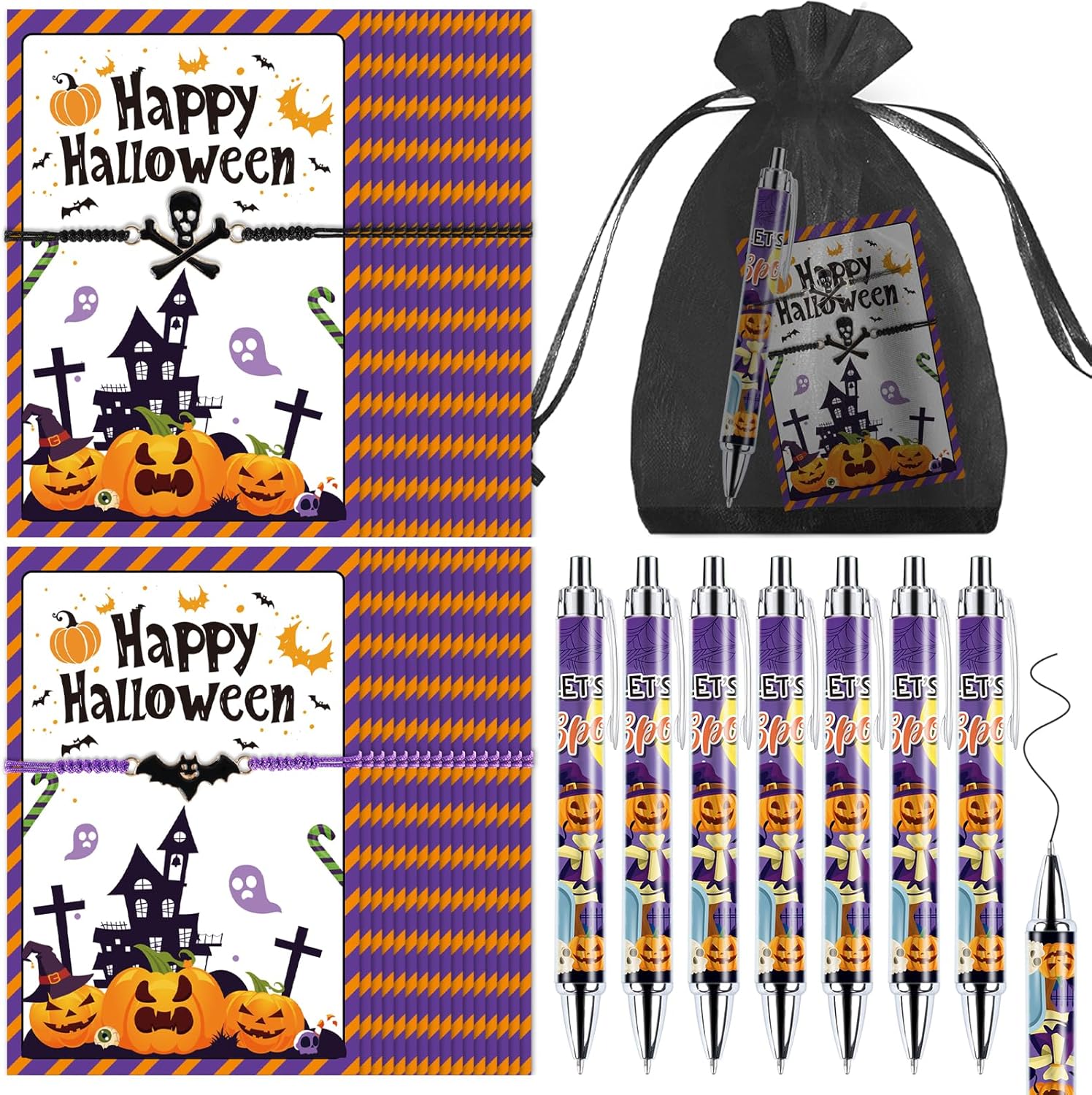 48 Sets Halloween Gifts Bulk for Adults Pumpkin Ballpoint Pens Skull Bat Bracelets with Organza Bags Information Card for Halloween Theme Party Supplies School Office Home Present Party Favor 48 Halloween