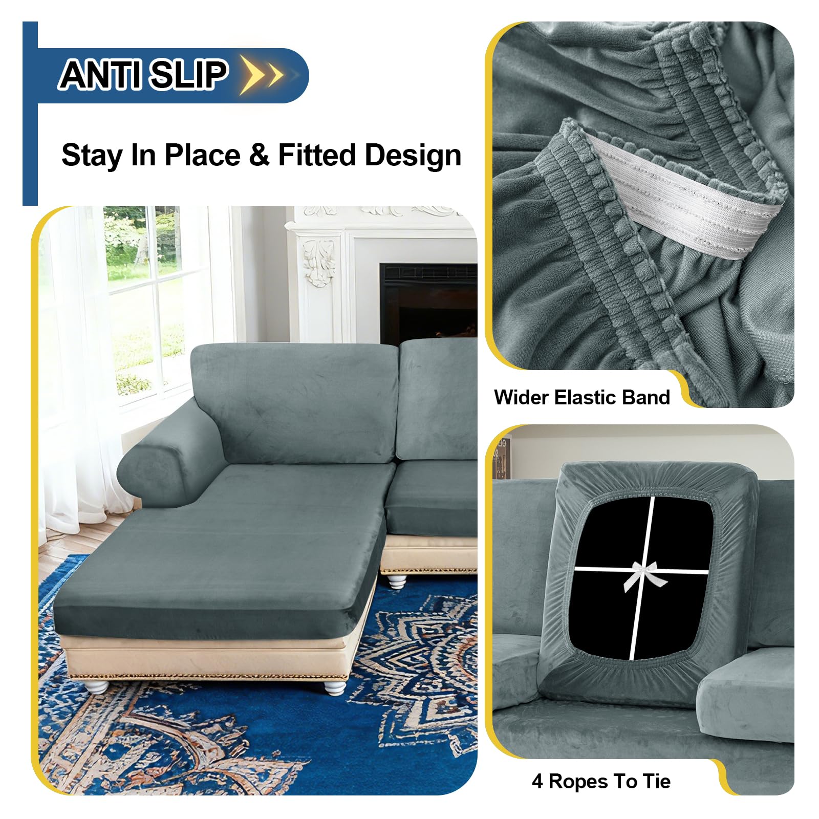 Sofabezug U Form Stretch Samt Ecksofa Bezugsset Universal Sofabezug Polsterbezug Sektional Sofa Cover L Shape Couchbezug Mit Sesselbezügen (grau-blau,Universal 10pcs Set)