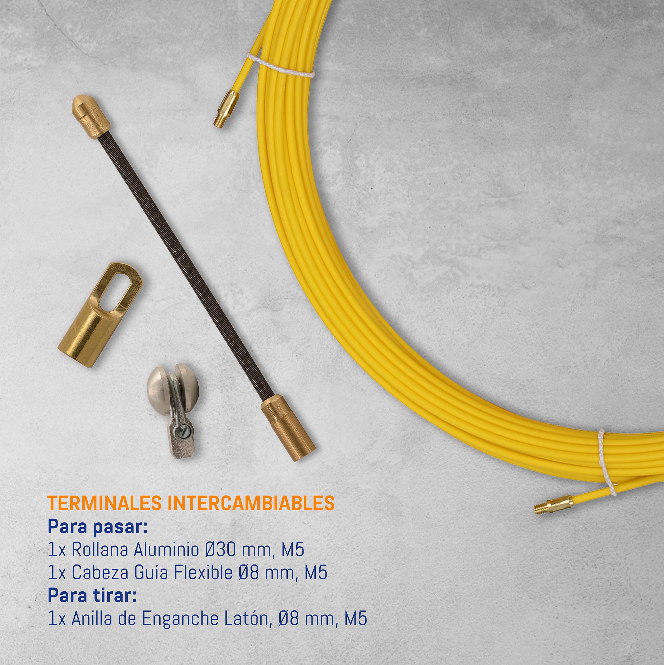 Anguila Guía Pasacables Semiindustrial Fibra Vidrio Amarillo ⌀6mm 50m | Rígida, sin efecto memoria y gran fuerza de empuje en recto; terminales intercambiables; incluye 3 accesorios