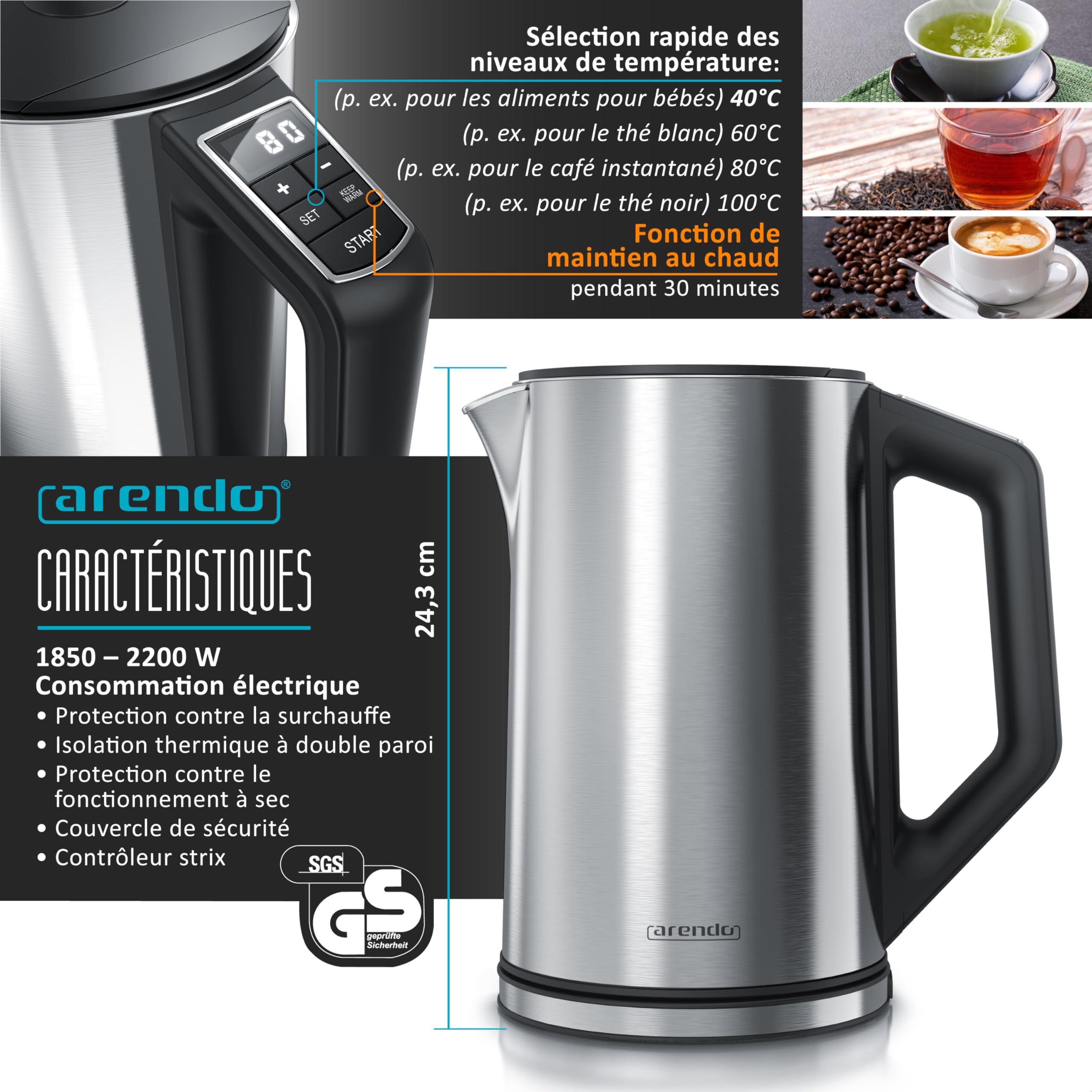 Arendo Ensemble Bouilloire Grille-pain Cuiseur à œufs Inox 1,5L 2 Tranches LED 6 Niveaux Gris