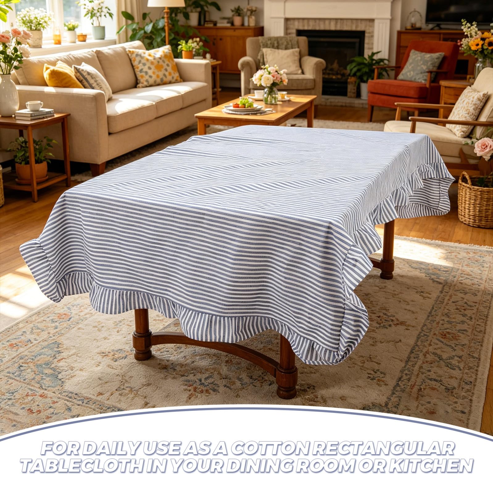Mantel Lavable y Resistente al Desvanecimiento 60x120 Pulgadas Estilo Granja de Algodón Volantes Azul y Blanco para Mesa Rectangular Adecuado para Comedor y Fiestas