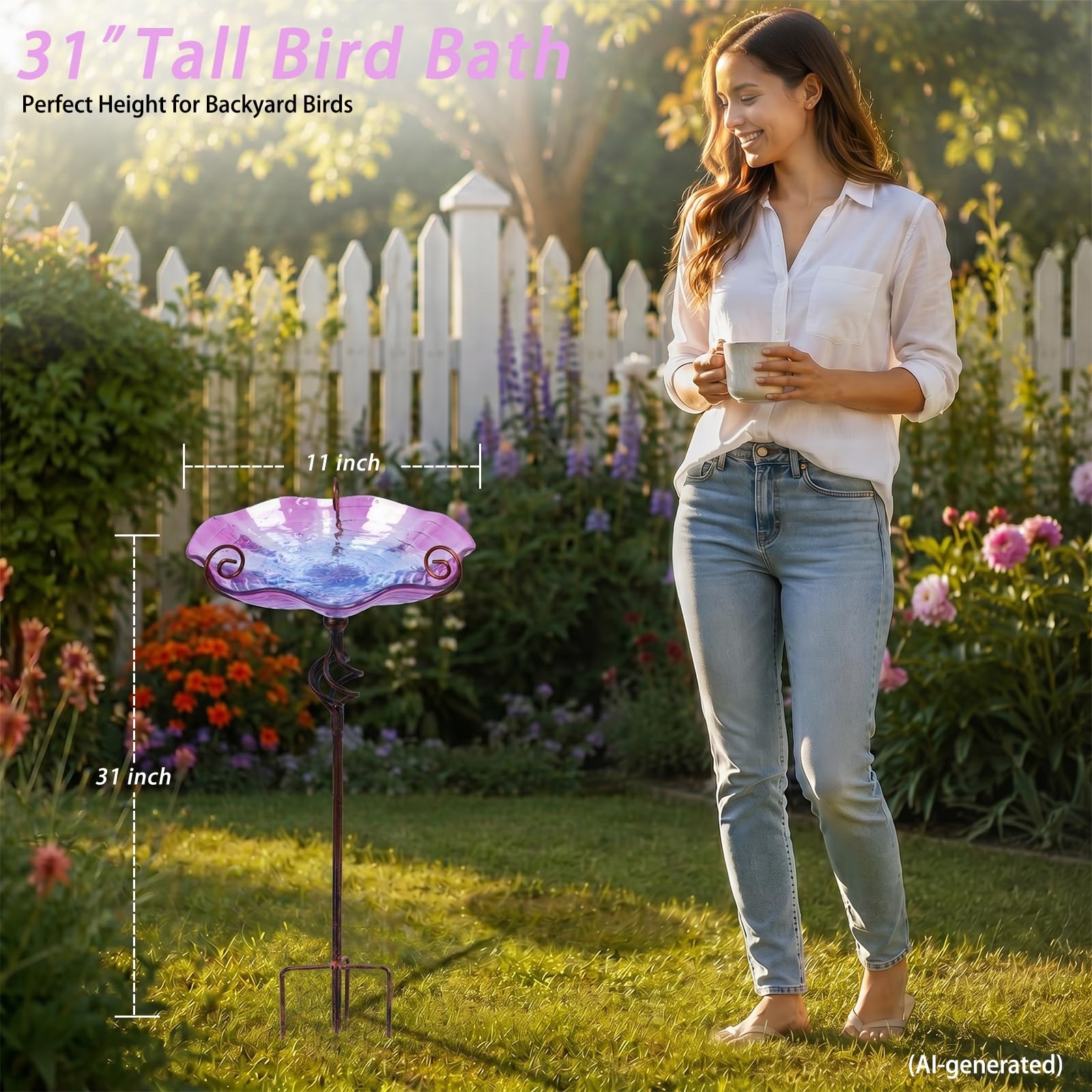 MUMTOP Bañeras de cristal para pájaros de 31 pulgadas de altura, comedero para pájaros al aire libre con estaca de metal, jardín y patio exterior, color morado