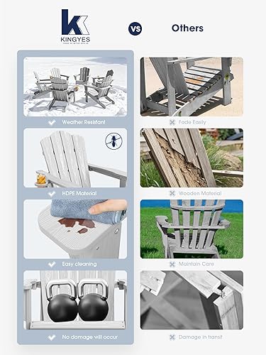 Vista 57 de KINGYES - Silla Adirondack plegable, sillas de patio de polietileno de alta densidad para todo tipo de clima, silla de césped con textura de madera