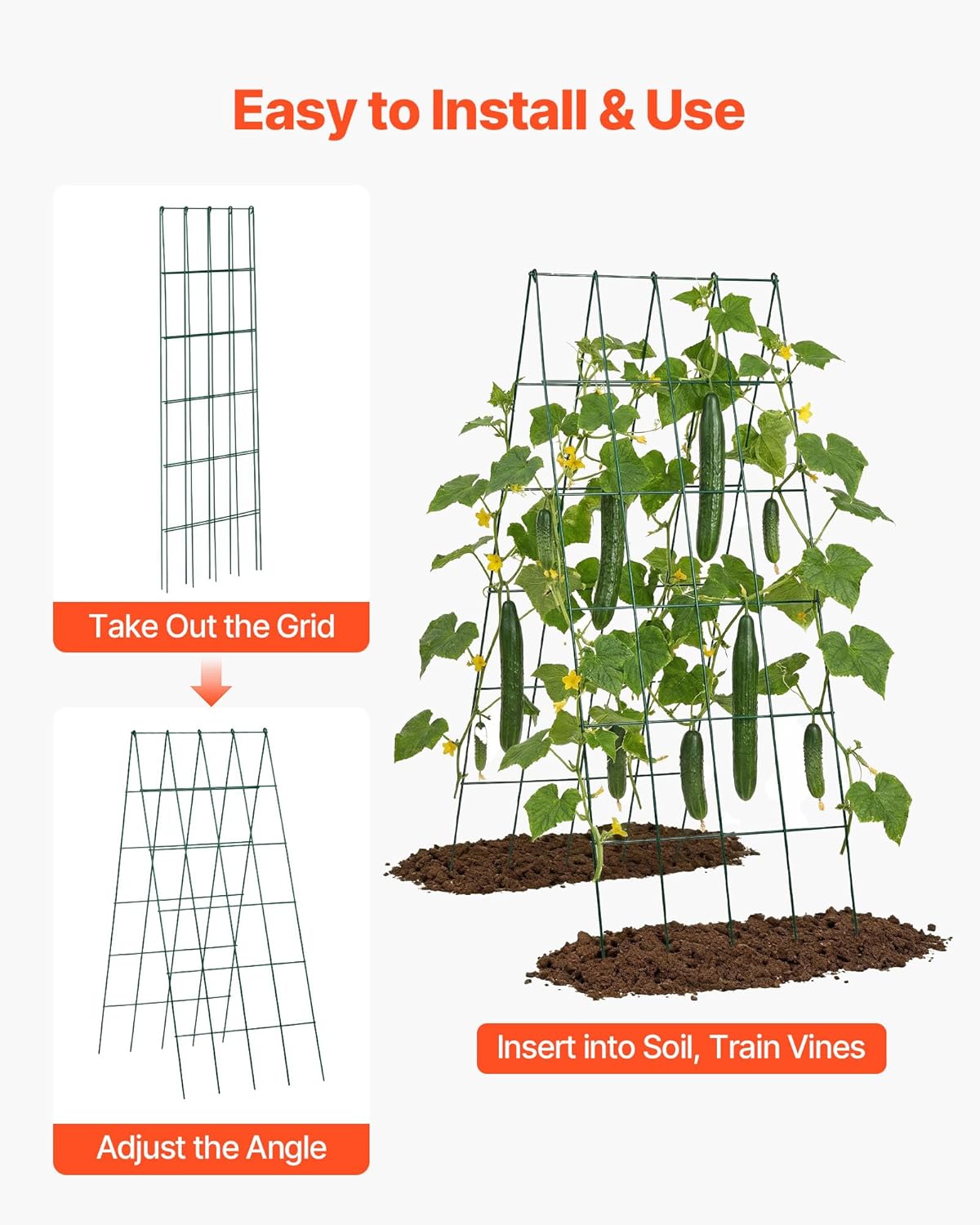 VEVOR Cucumber Trellis, No Assembly Required, 39" High 2 Pack Foldable A-Frame Garden Trellises for Raised Bed, Metal Rustproof Outdoor Climbing Plant Support for Vine, Peas, Beans, Tomato, Flowers