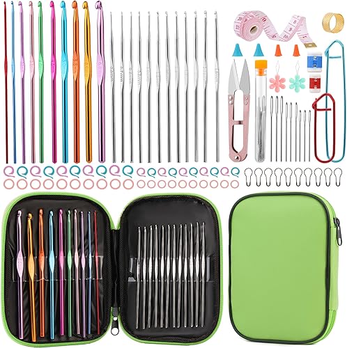 Juego de 96 agujas de ganchillo con bolsa de almacenamiento, ganchos de ganchillo de metal con marcadores de puntada, agujas romas de ojo grande