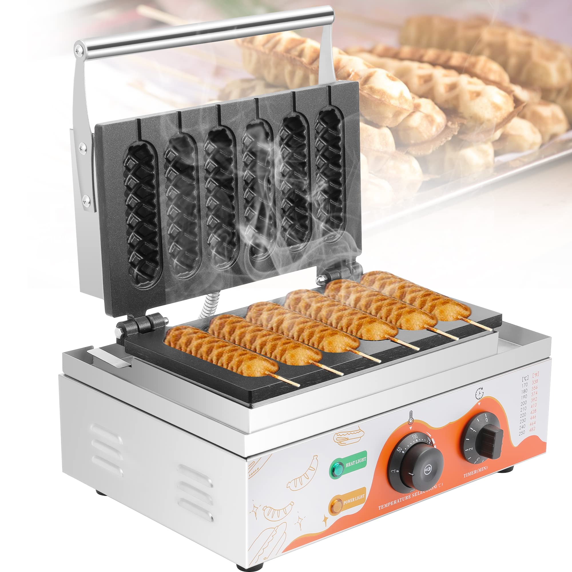 Moongiantgo Commercial Corn Dog Waffle Maker Machine 6 PCS 1550W Waffles on a Stick Maker Stainless 
