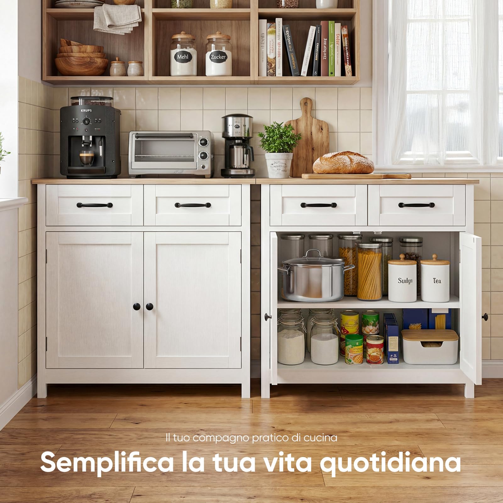 HOKEEPER Isola Credenza Bianca con Cassetti, Mobile Cucina Indipendente per Soggiorno, Sala da Pranzo e Corridoio