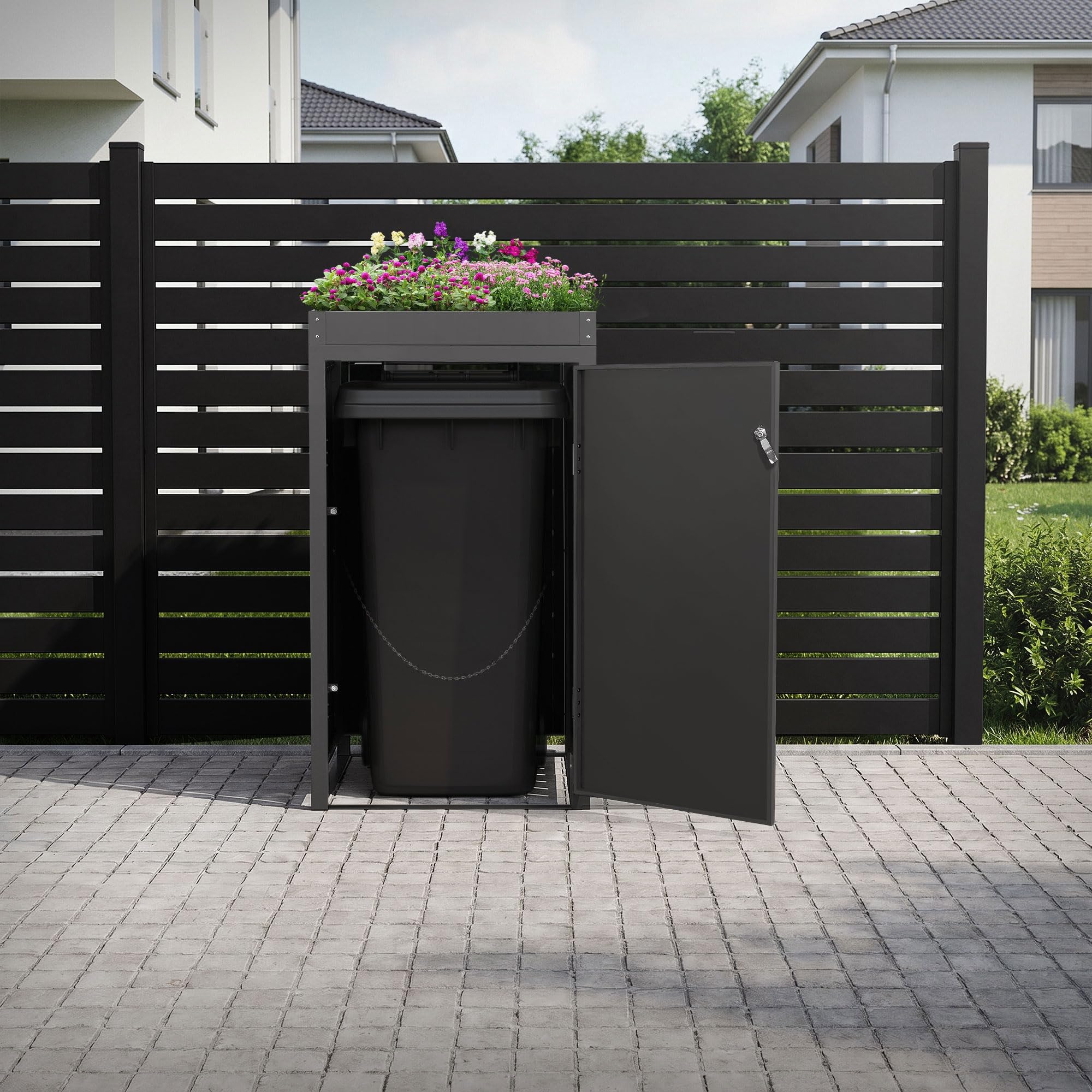 ML-Design Abri pour 1 Poubelle 240L, 68x80x124cm, en Acier, Anthracite, avec Porte à Poignées et 2 Clés, avec Jardinière, Conteneur Extérieur, Moderne, Résistant aux Intempéries, Habillage de Poubelle