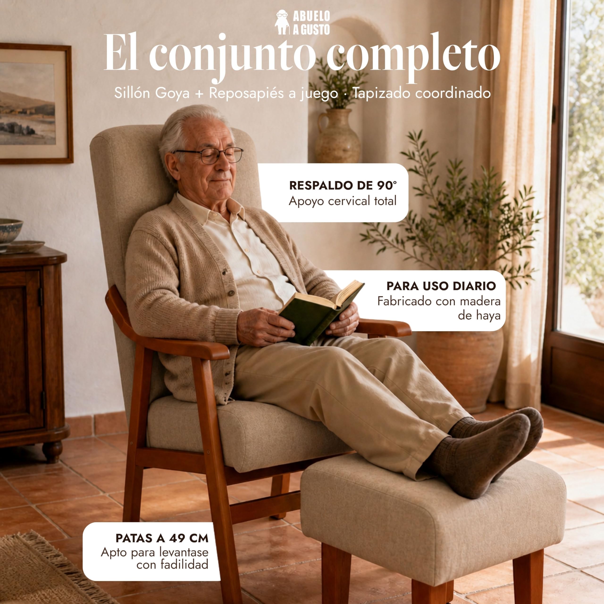 Silla Respaldo Alto Goya Tostado - Silla con Brazos para Personas Mayores - 117x57x70 cm - Sentada Alta - Postura Recta - Tela Antimanchas - Geriátrica, Cómoda y Estable, Uso Diario
