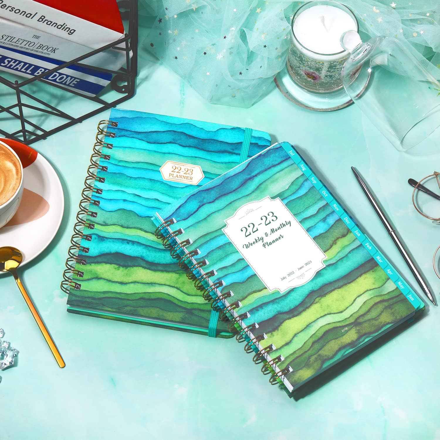 2023 Planner - Planner 2023, Weekly Monthly Planner with Tabs, January 2023 - December 2023, 8.4" x 6.3", Hardcover with Back Pocket + Thick Paper + Twin-Wire Binding - Green Waves