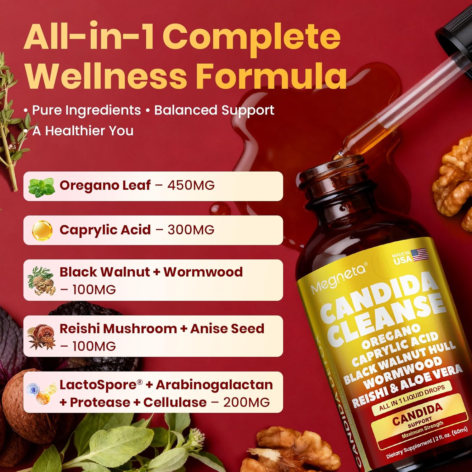 Candida Cleanse Detox with Triple-Targeting Technology, All-in-1 Synergy Formula with Caprylic Acid, Oregano, Black Walnut & Wormwood – Yeast Detox, Gut Health, Digestive & Immune Health (2 Fl Oz) - Image 2