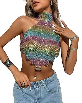CORIRESHA Women's Sexy Glitter Rhinestone Backless Ombre