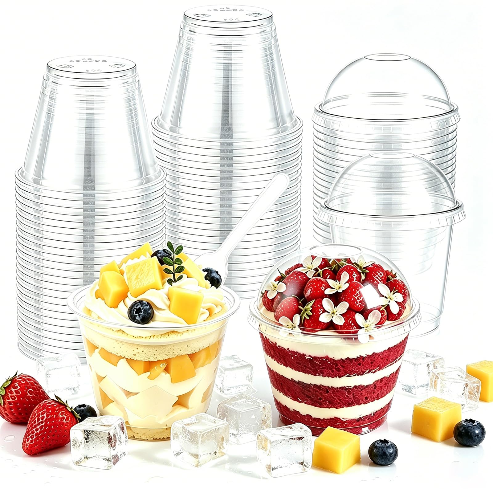 50 Piezas Vasos de PláStico para Postres con Tapas y Cucharas | 200 ml Tazas de Postre Redondas Vasitos para Postres Transparentes para Fiesta de Mousse Pudín
