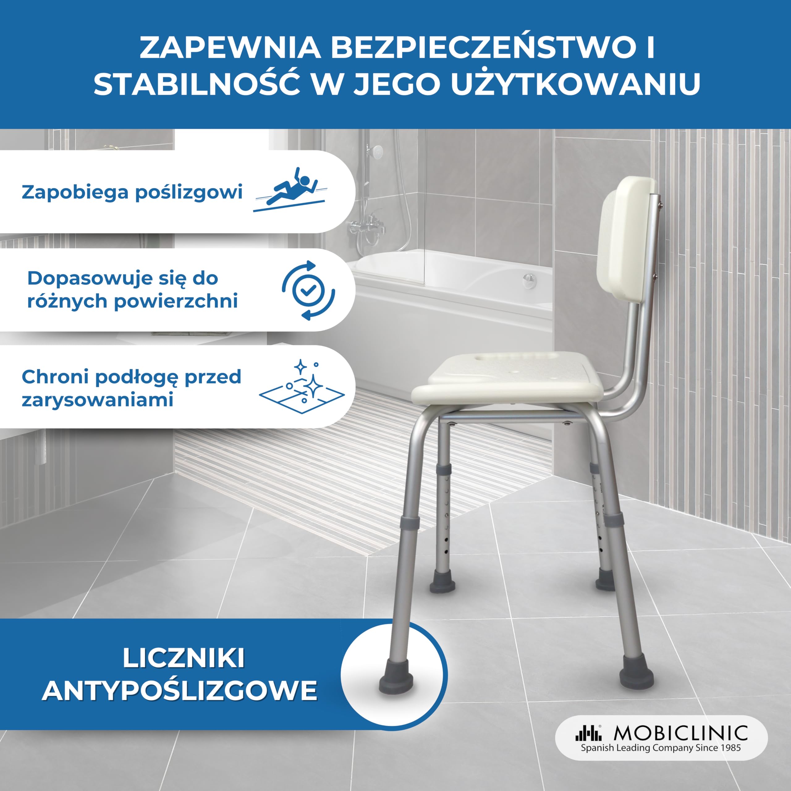 Mobiclinic, model Marisma, Krzesło prysznicowe z oparciem i siedziskiem w kształcie litery U, regulacja wysokości