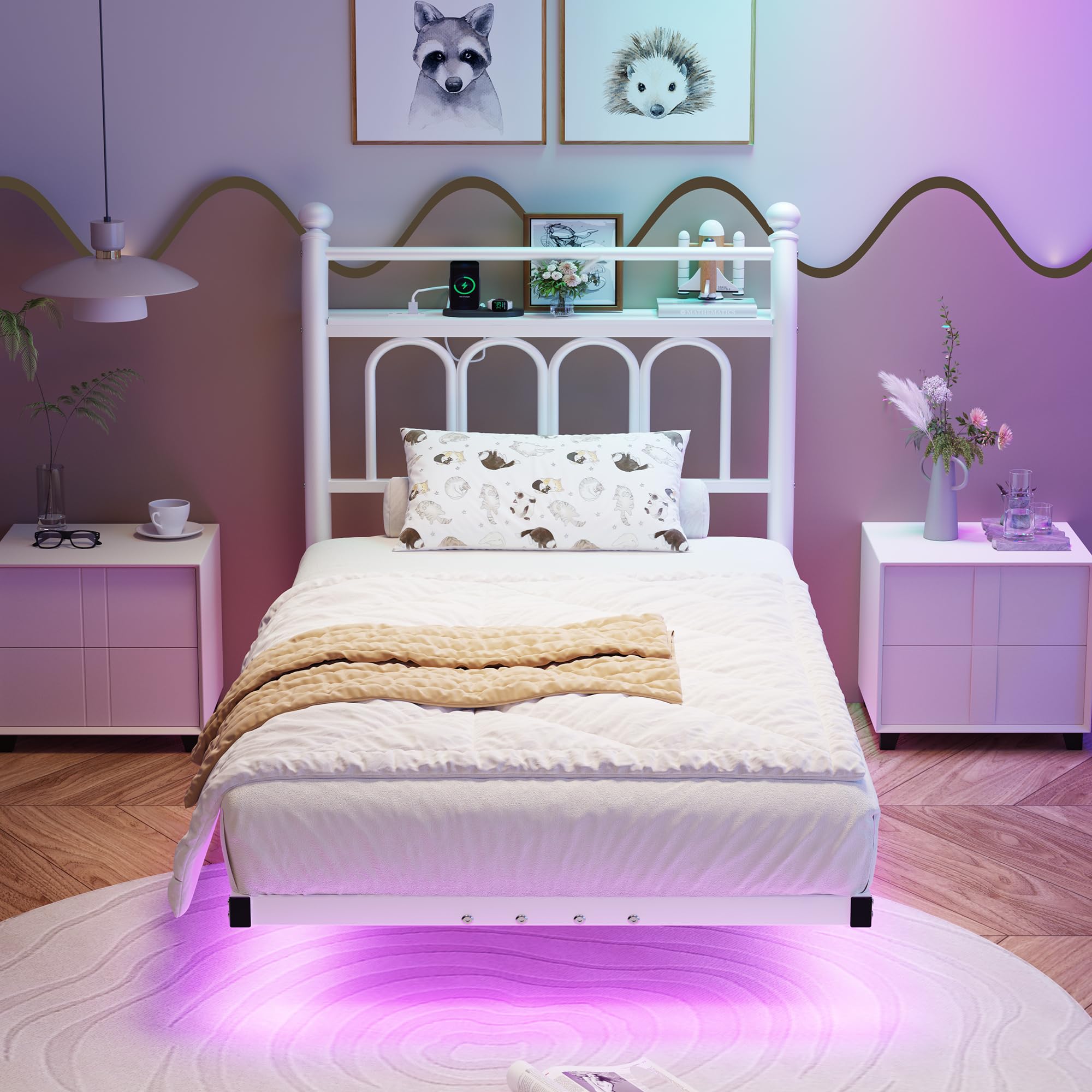 JELUTE Floating Single White Metal Platform Bed Frame